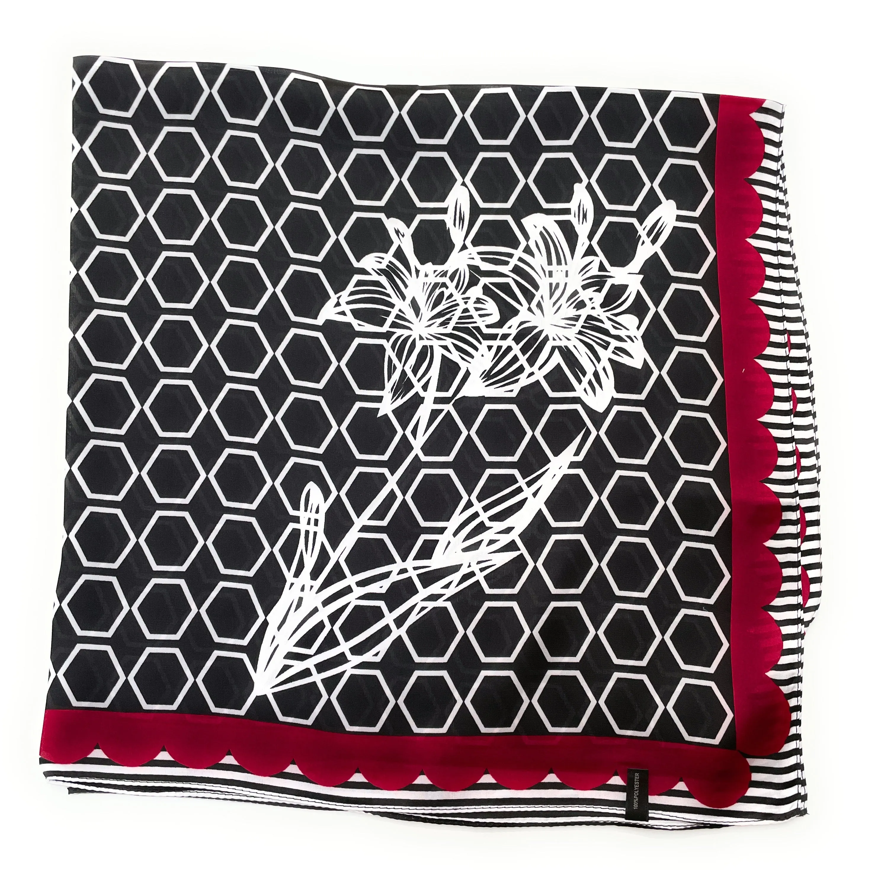 70cm x 70cm Square Silk Scarf Black Red White hexagon Scarf Thin Womens