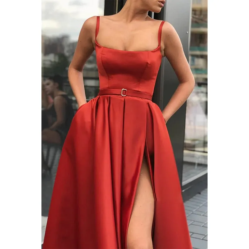 A-line Scoop Spaghetti Straps Red Satin High Split Long Prom Dress with Pockets