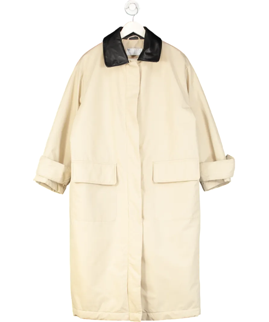ASOS Design Beige Padded Overcoat With Faux Leather Collar UK 10