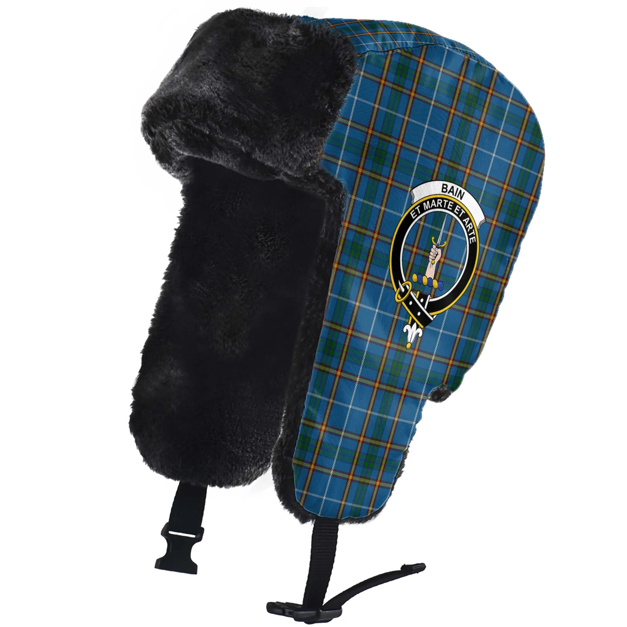 Bain Tartan Winter Trapper Hat with Family Crest