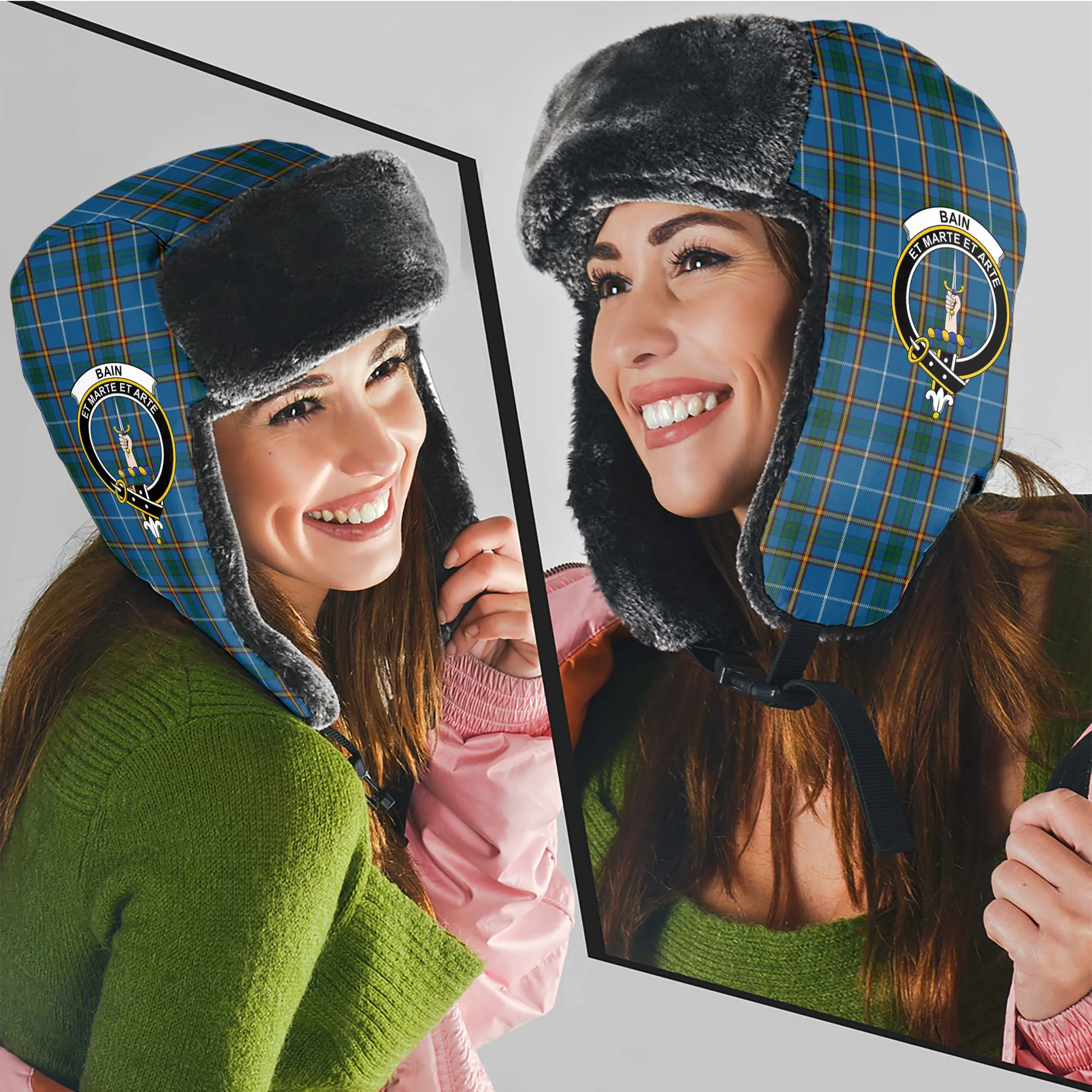 Bain Tartan Winter Trapper Hat with Family Crest
