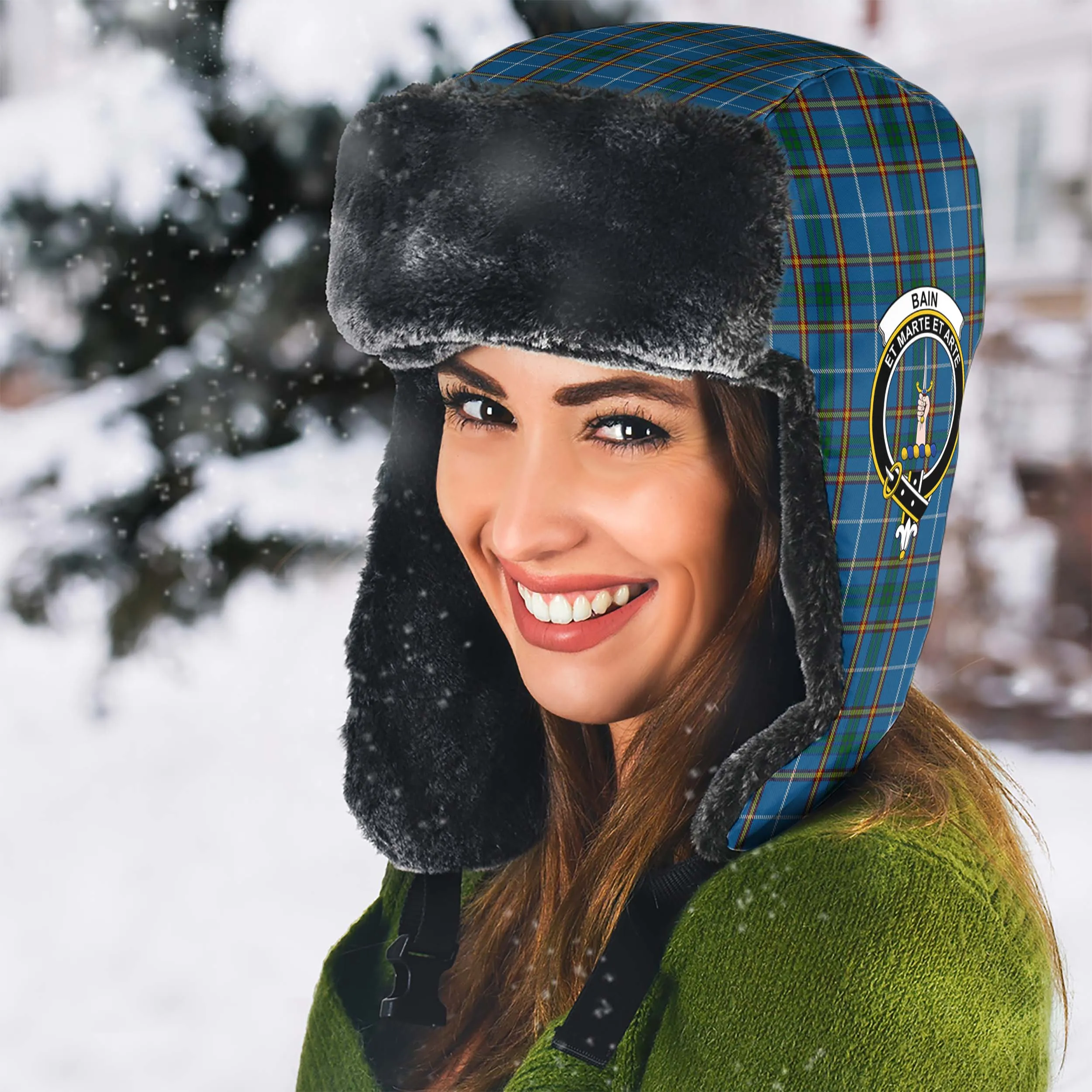 Bain Tartan Winter Trapper Hat with Family Crest