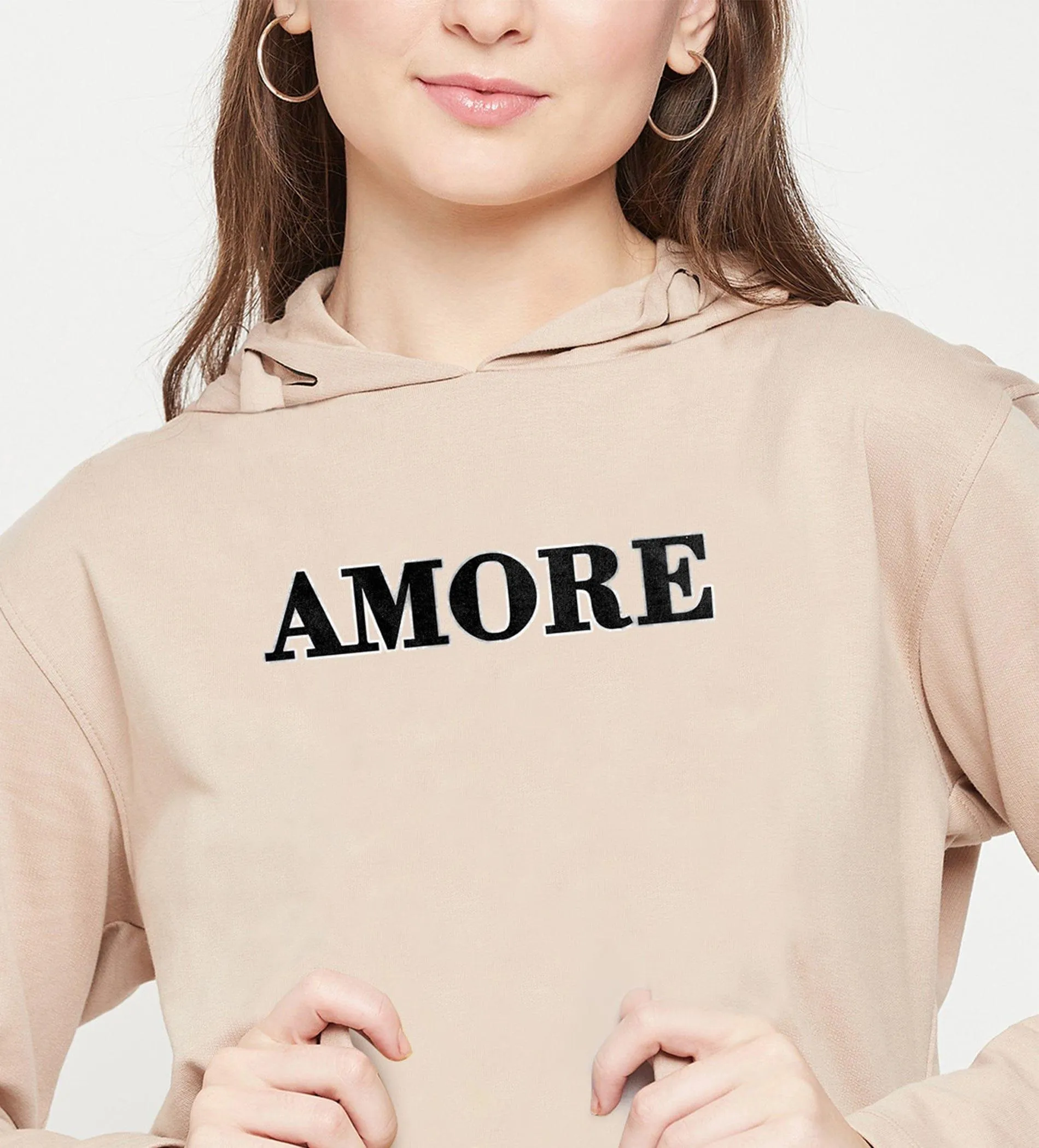 Beige Velvet Embroidery Hoodie for Women