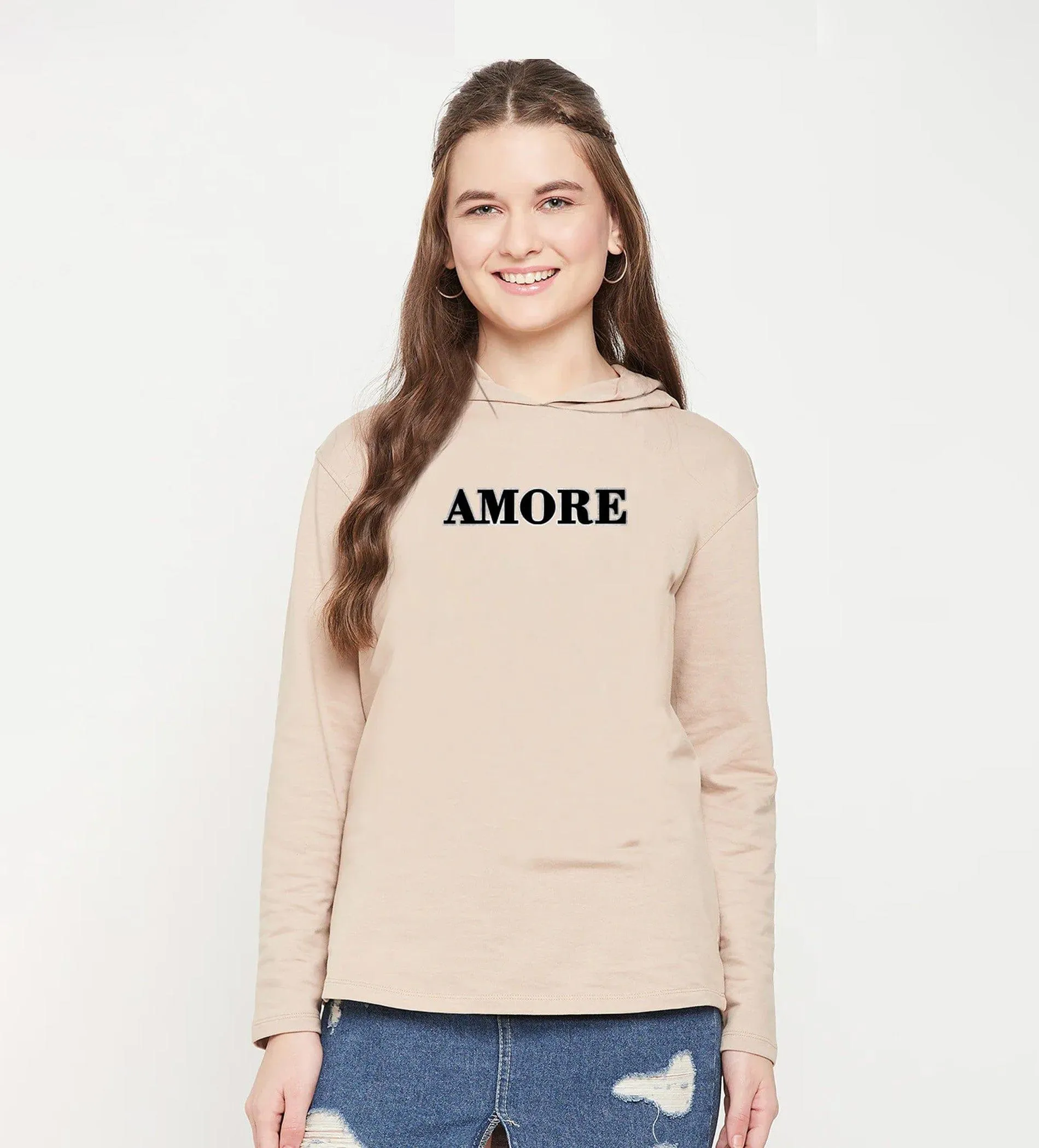 Beige Velvet Embroidery Hoodie for Women