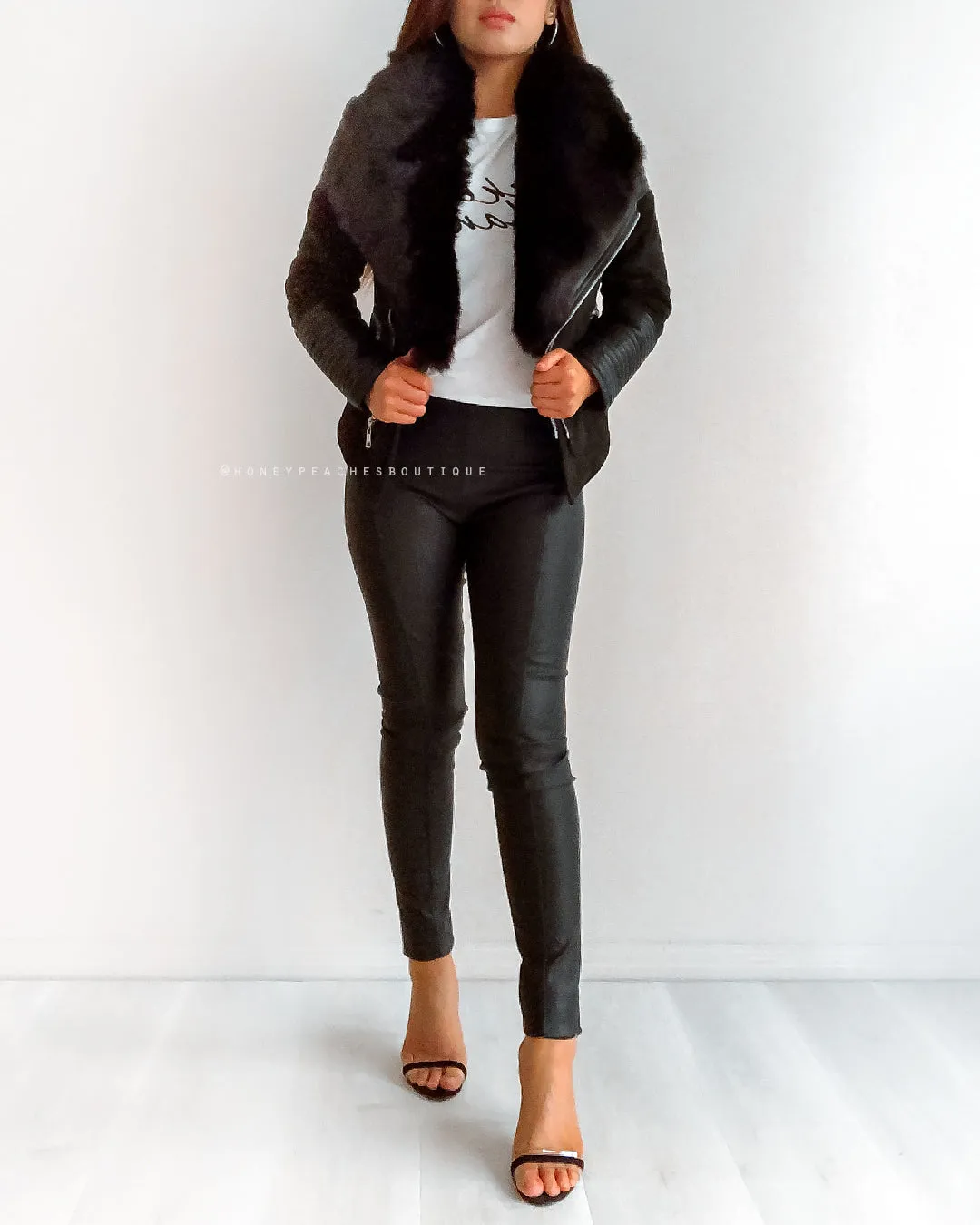 Bessy Fur Biker Jacket - Black