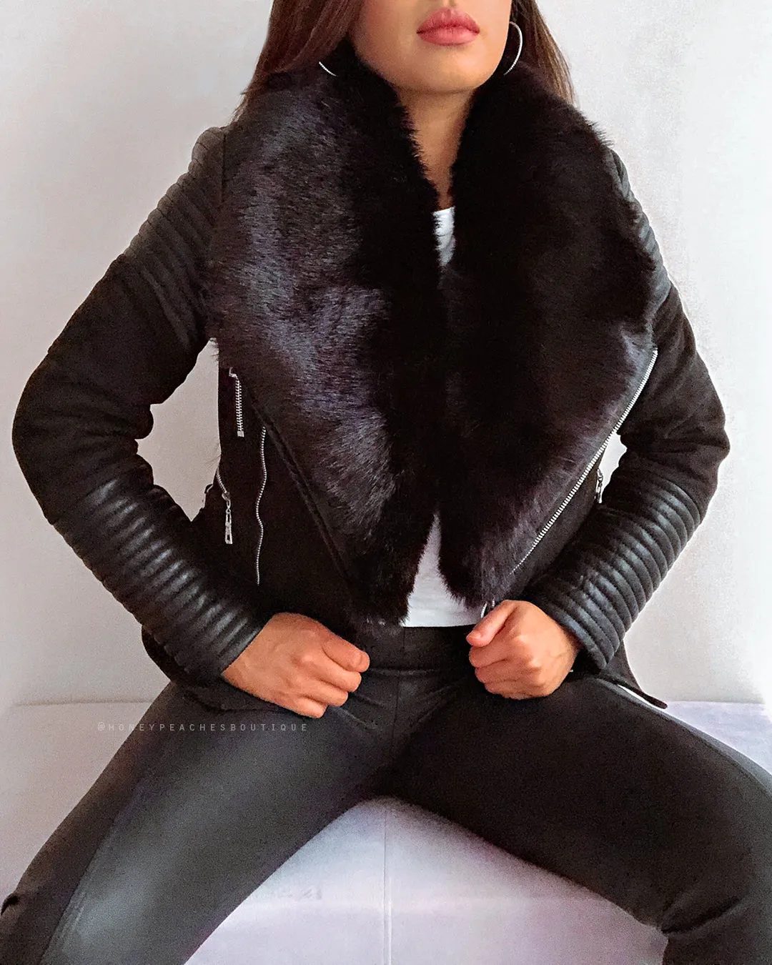 Bessy Fur Biker Jacket - Black
