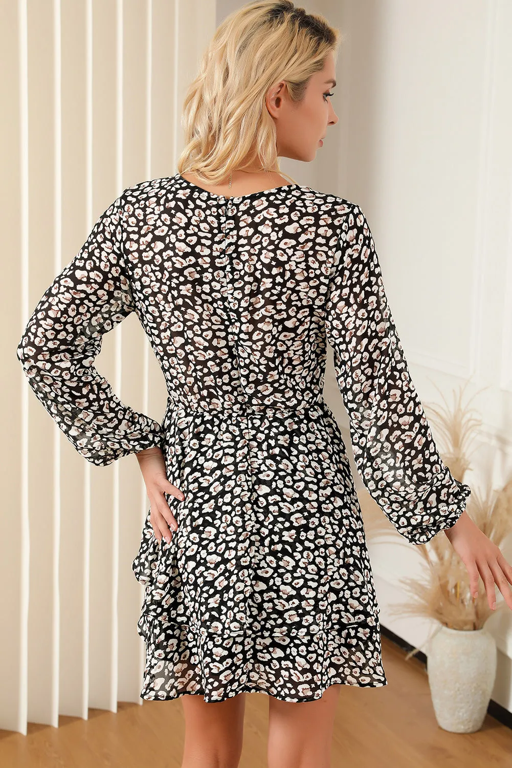 Black and White Leopard Print V Neck Mini Dress