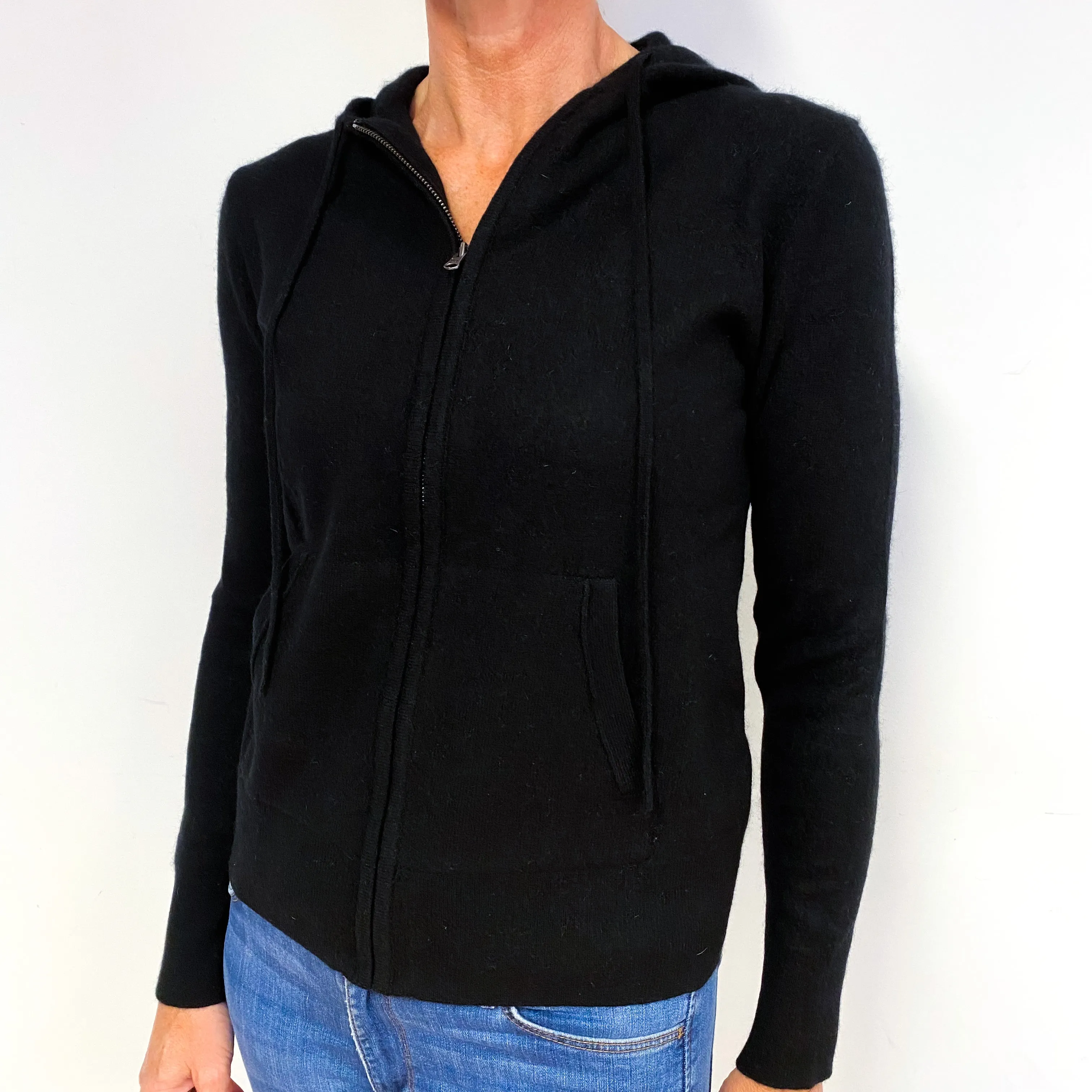 Black Cashmere Zip Up Hooded Jumper Medium