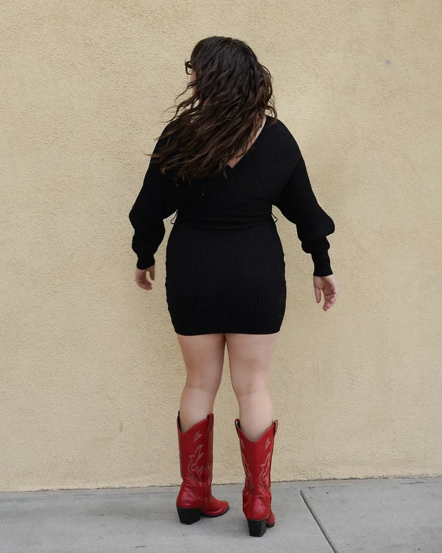Black Off Shoulder Wrap Belted Ribbed Knit Sweater Dress