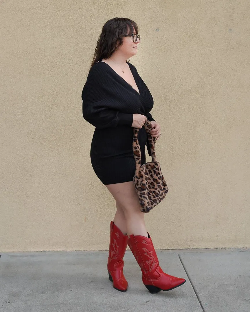 Black Off Shoulder Wrap Belted Ribbed Knit Sweater Dress