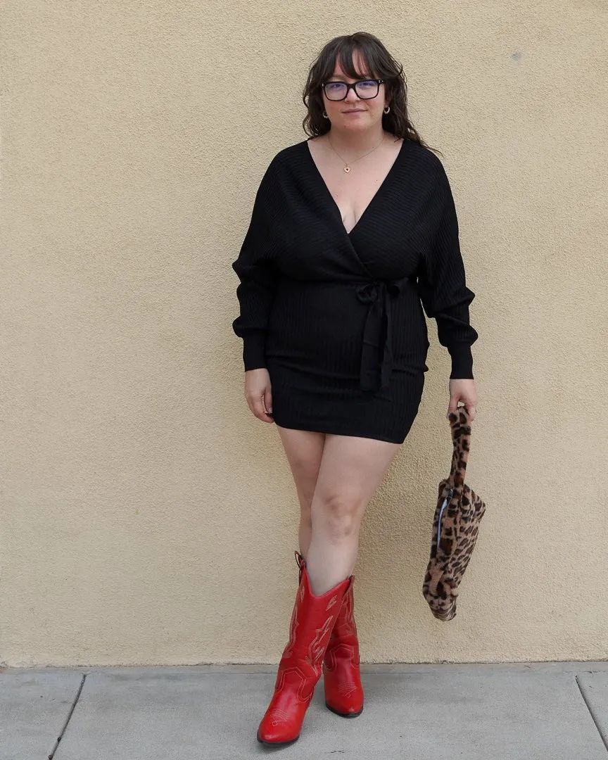 Black Off Shoulder Wrap Belted Ribbed Knit Sweater Dress