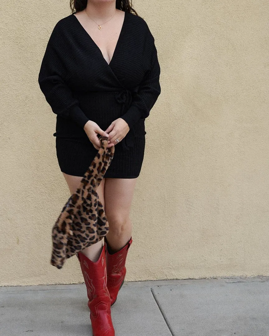 Black Off Shoulder Wrap Belted Ribbed Knit Sweater Dress