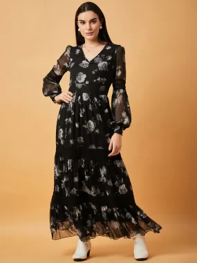 Black Printed V-Neck Full Sleeve Maxi Dress