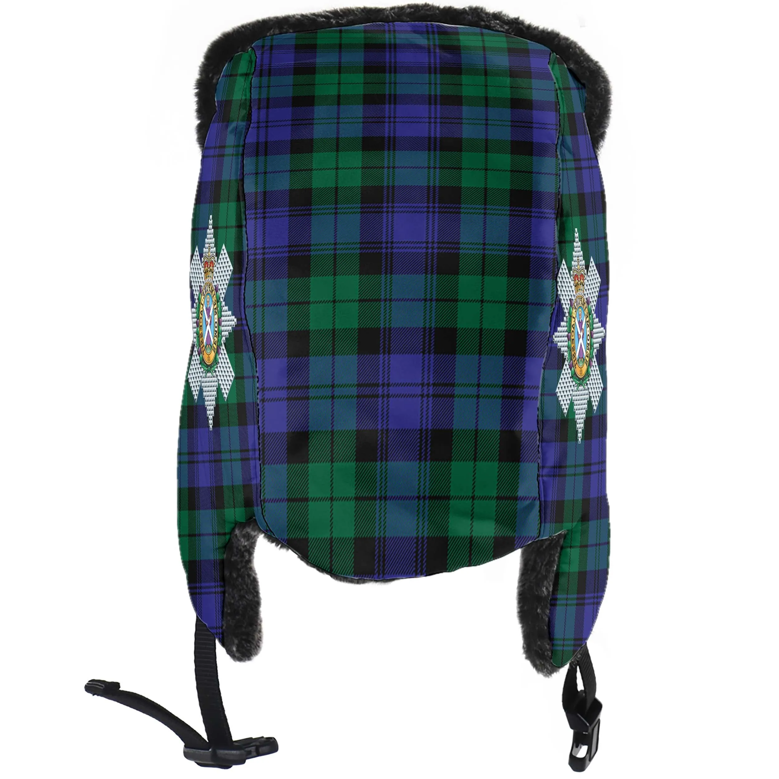 Black Watch Modern Tartan Winter Trapper Hat with Family Crest