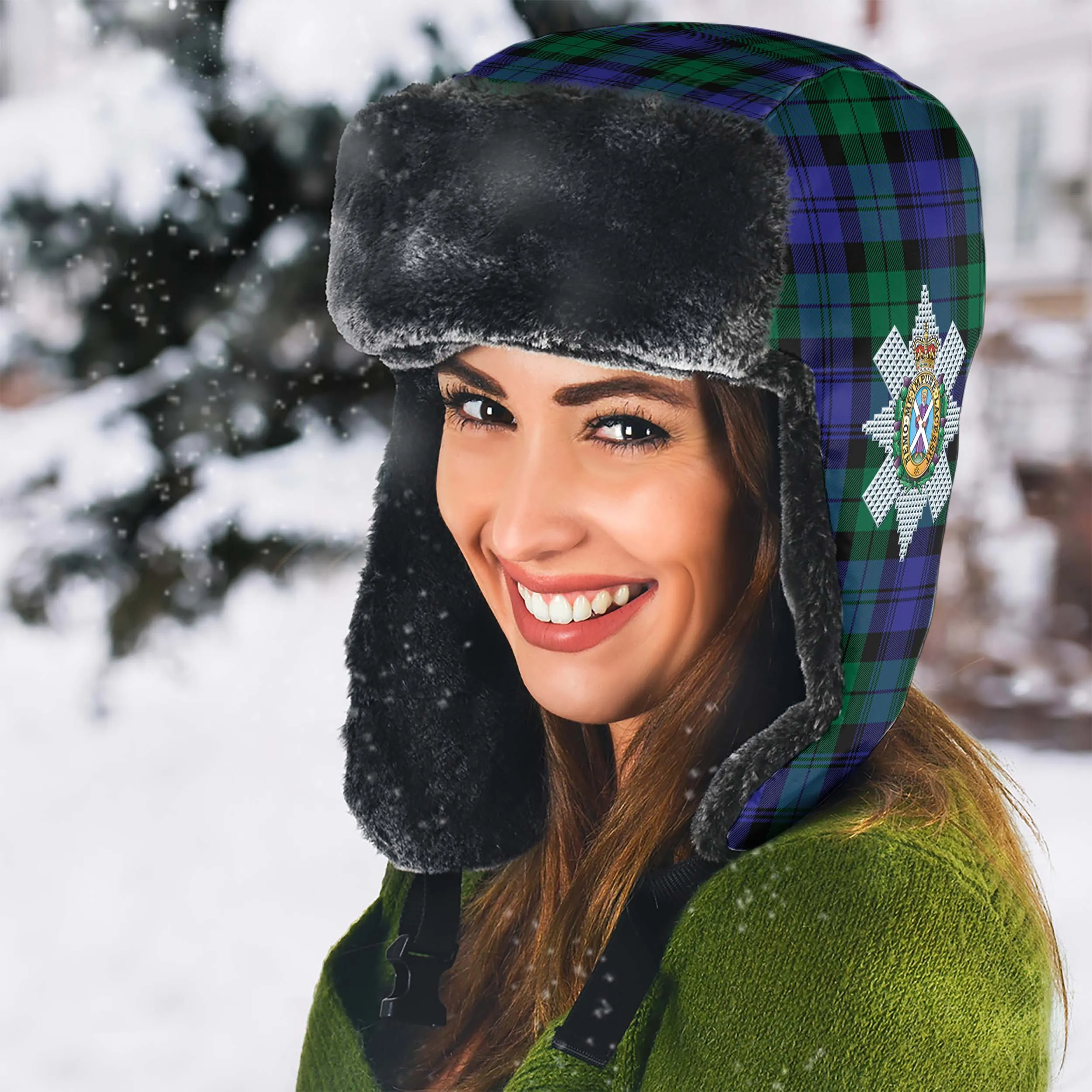 Black Watch Modern Tartan Winter Trapper Hat with Family Crest