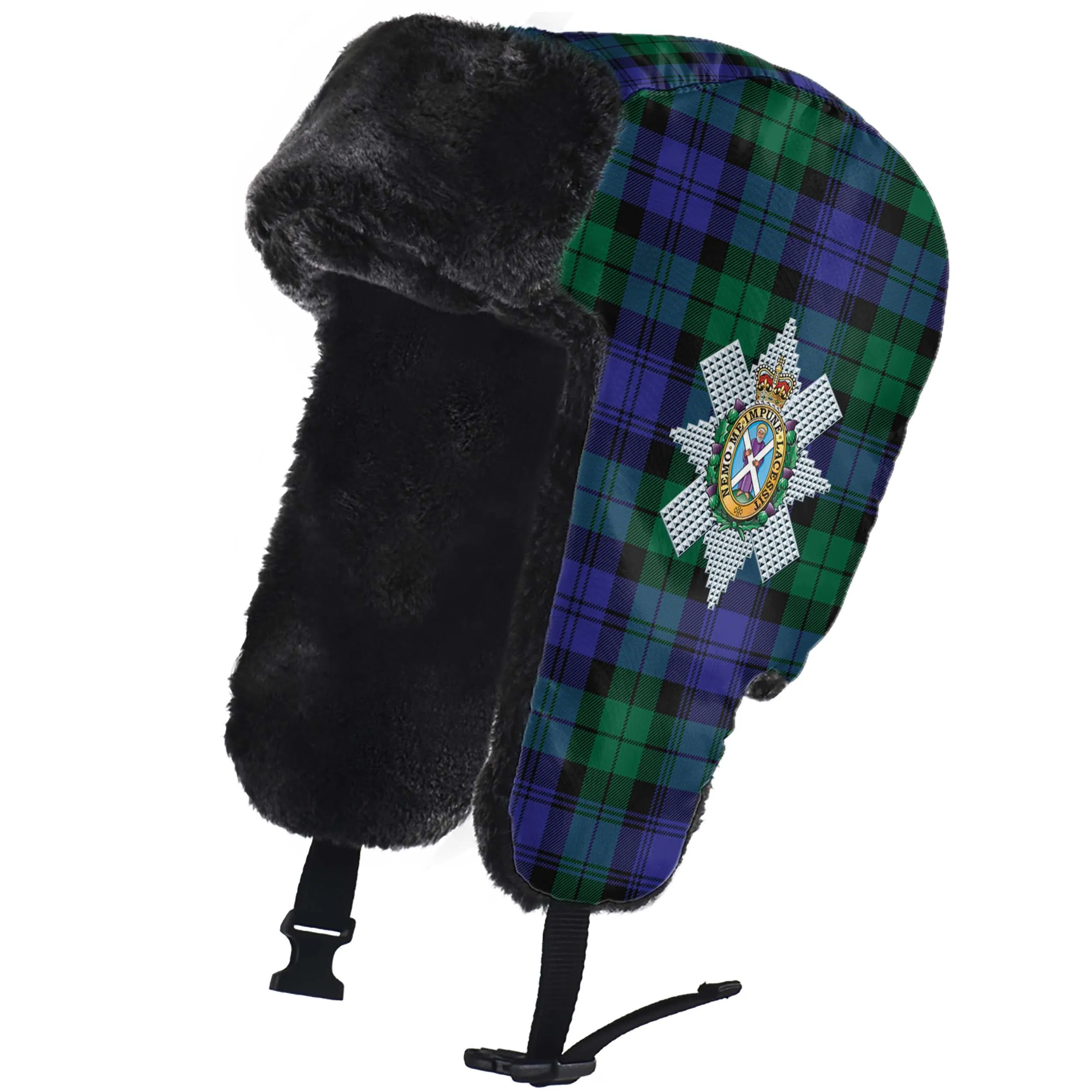 Black Watch Modern Tartan Winter Trapper Hat with Family Crest