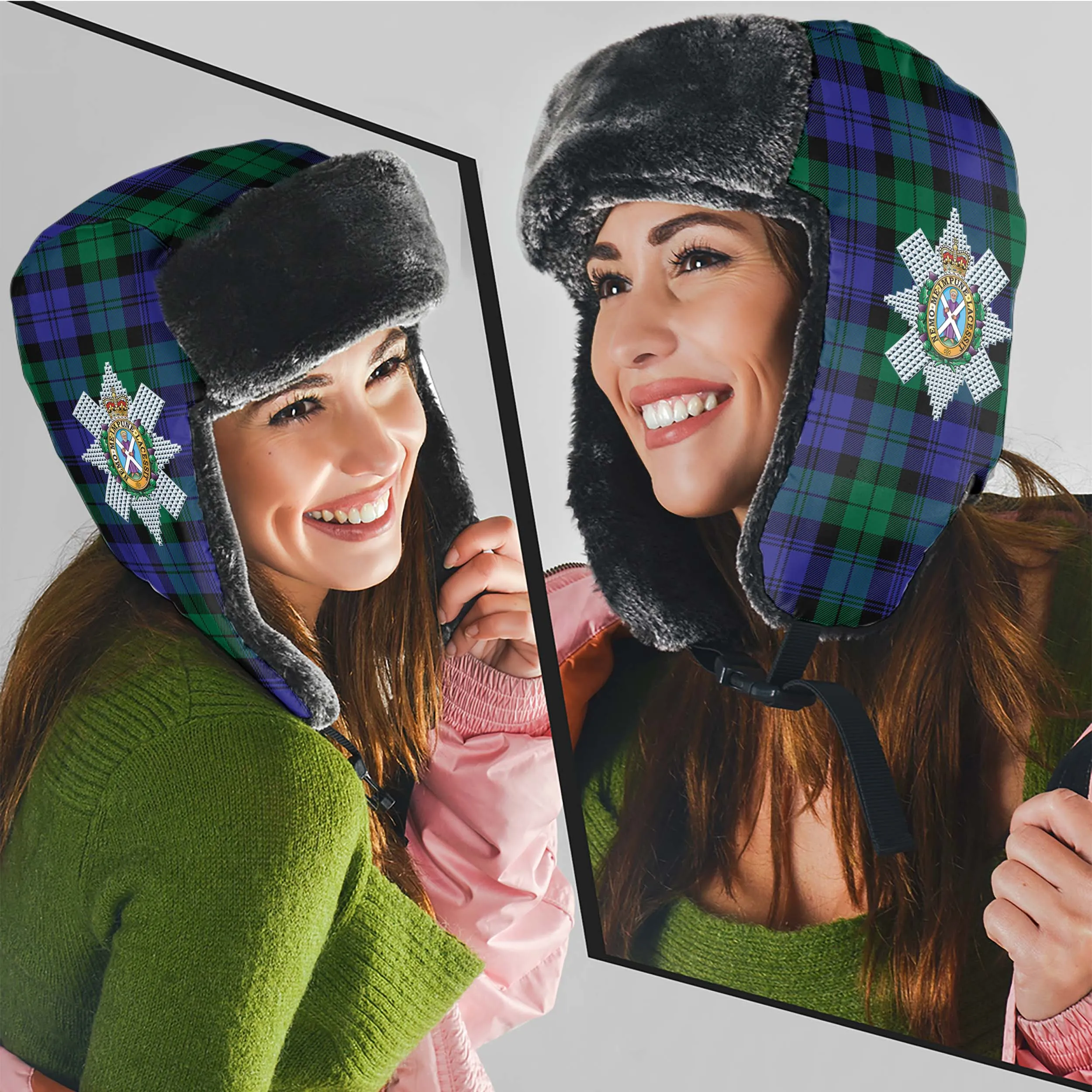 Black Watch Modern Tartan Winter Trapper Hat with Family Crest