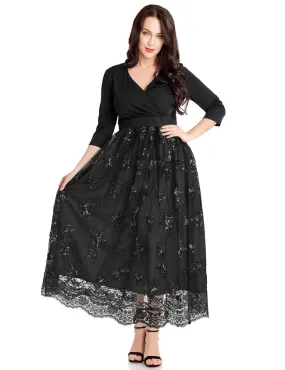 Black Women's Plus Size Sequin Sleeves Evening Gown Party Long Maxi Dress - GRAPENT