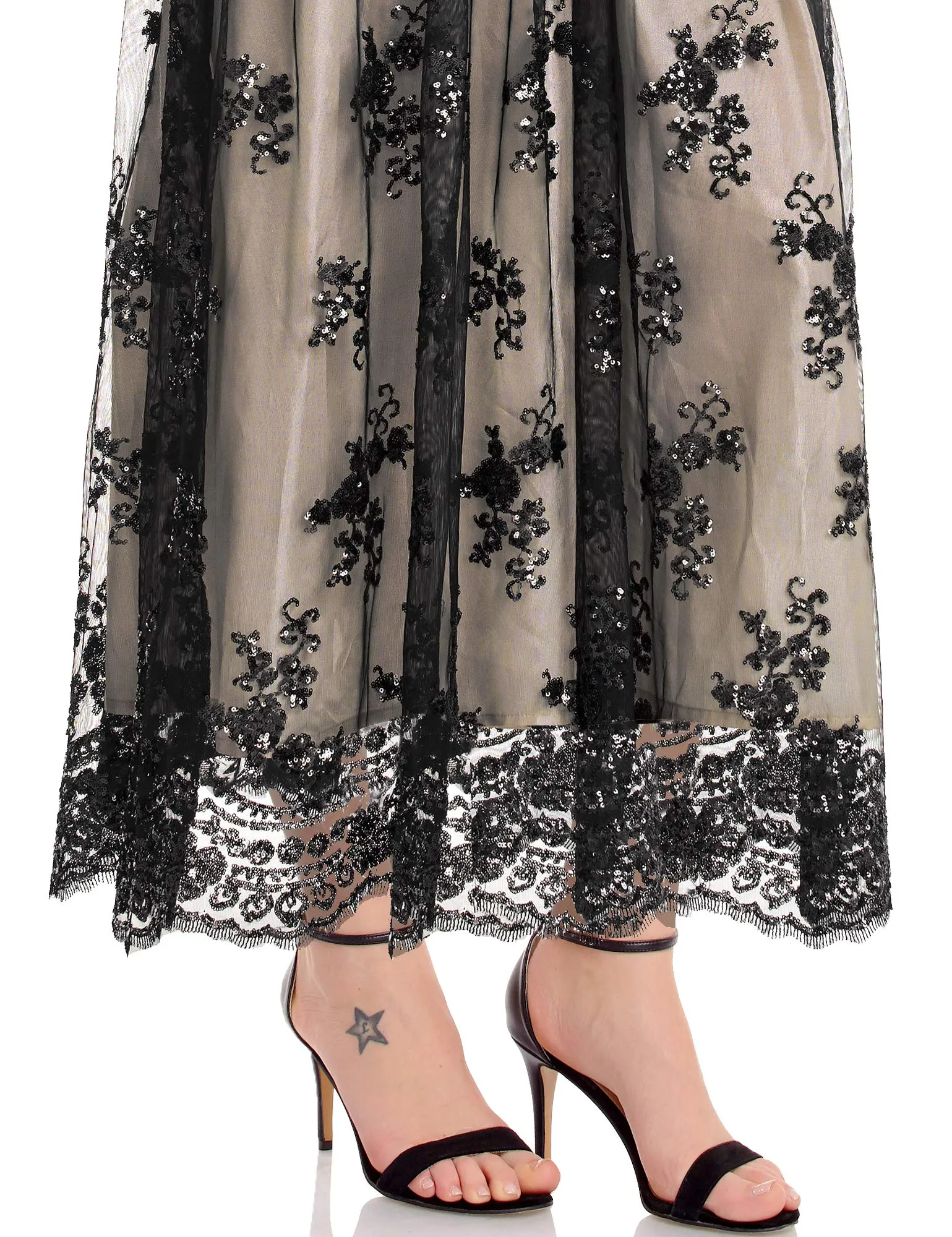 Black Women's Plus Size Sequin Sleeves Evening Gown Party Long Maxi Dress - GRAPENT