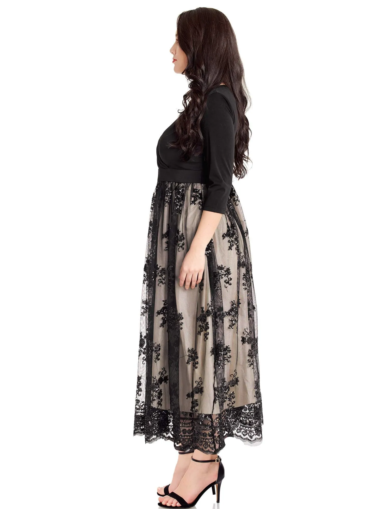 Black Women's Plus Size Sequin Sleeves Evening Gown Party Long Maxi Dress - GRAPENT