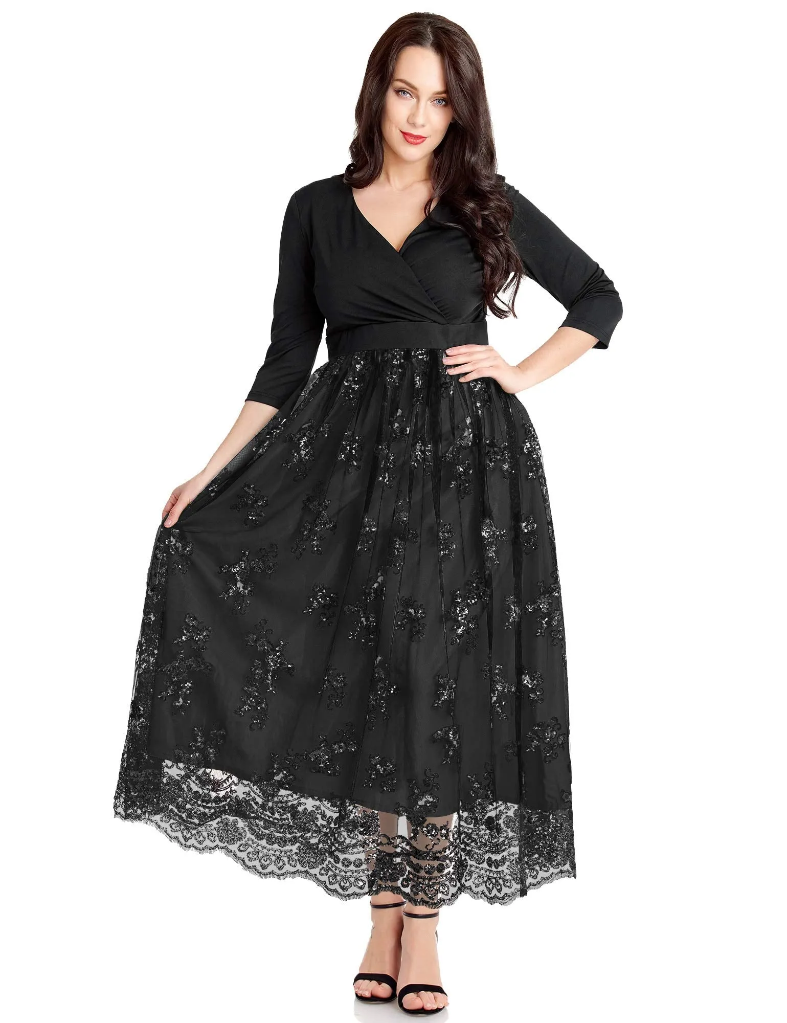 Black Women's Plus Size Sequin Sleeves Evening Gown Party Long Maxi Dress - GRAPENT