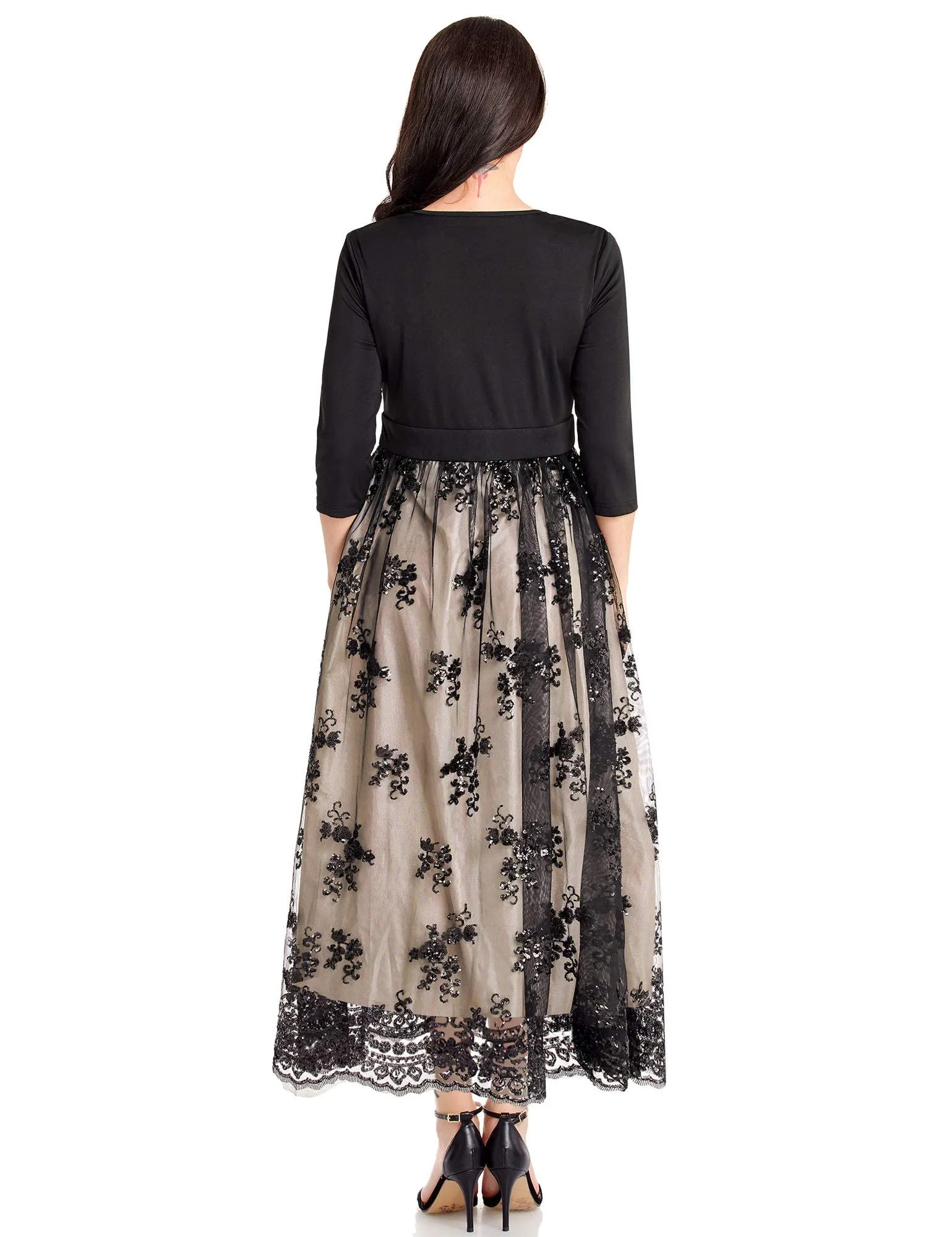 Black Women's Plus Size Sequin Sleeves Evening Gown Party Long Maxi Dress - GRAPENT
