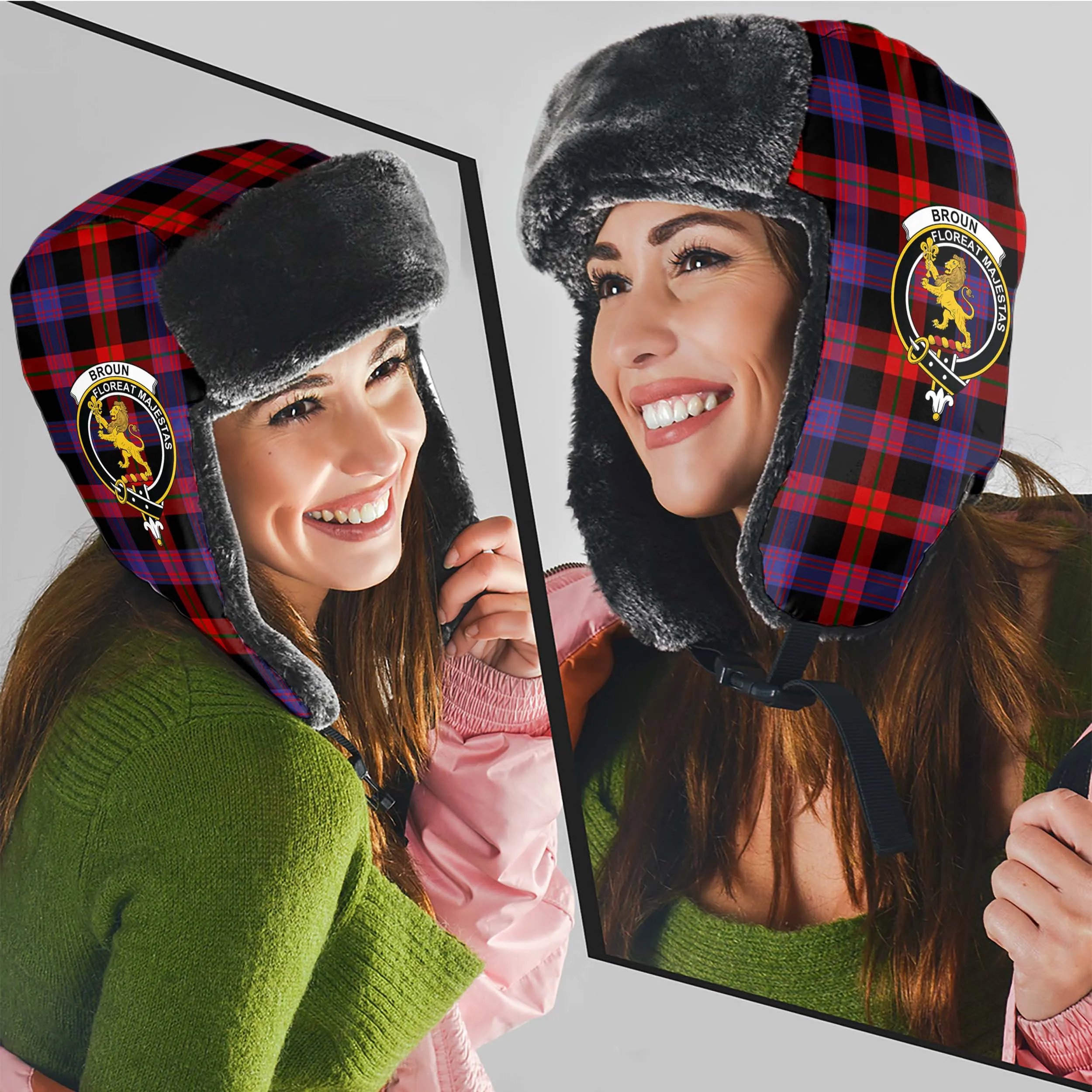 Broun Modern Tartan Winter Trapper Hat with Family Crest
