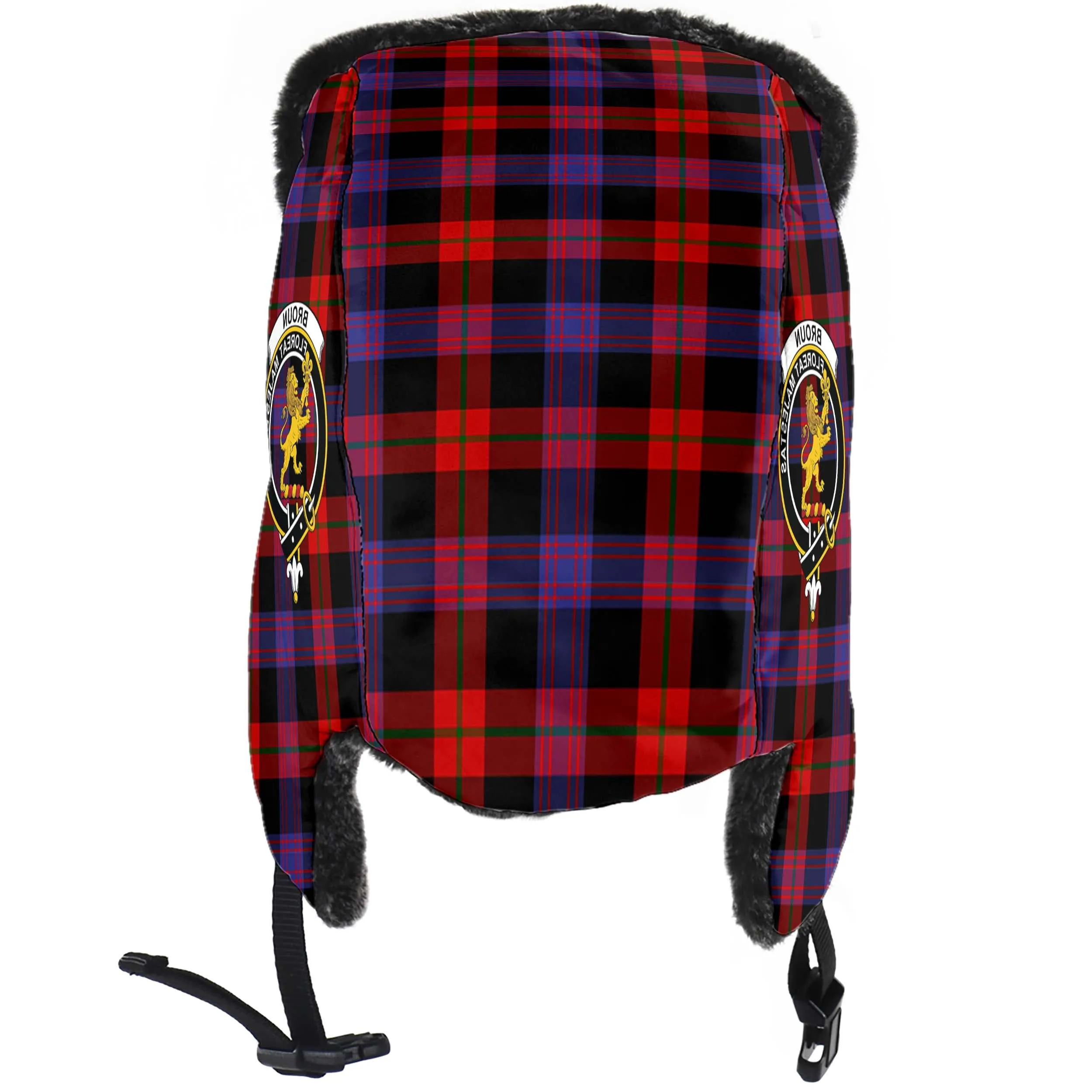 Broun Modern Tartan Winter Trapper Hat with Family Crest