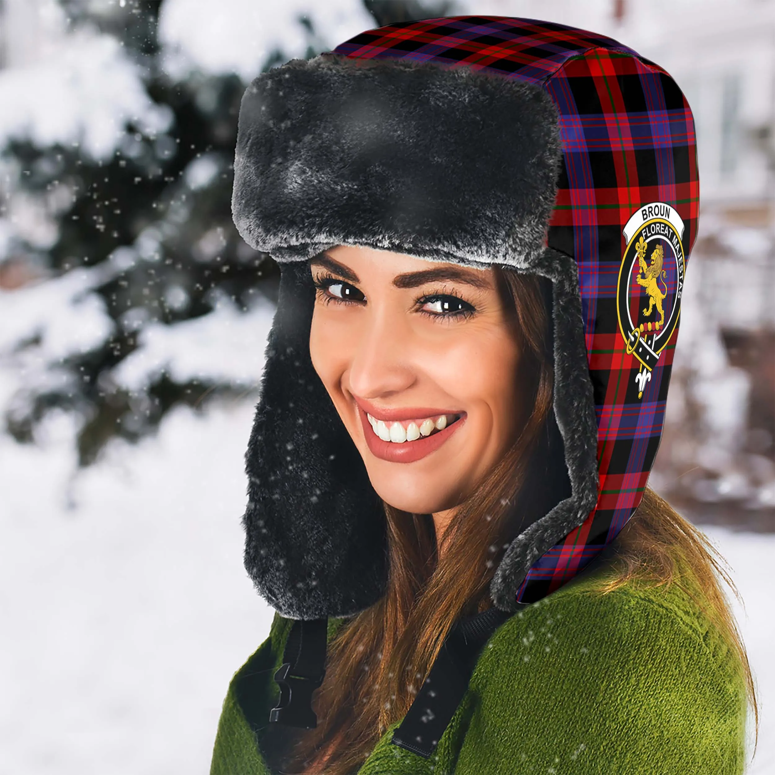 Broun Modern Tartan Winter Trapper Hat with Family Crest