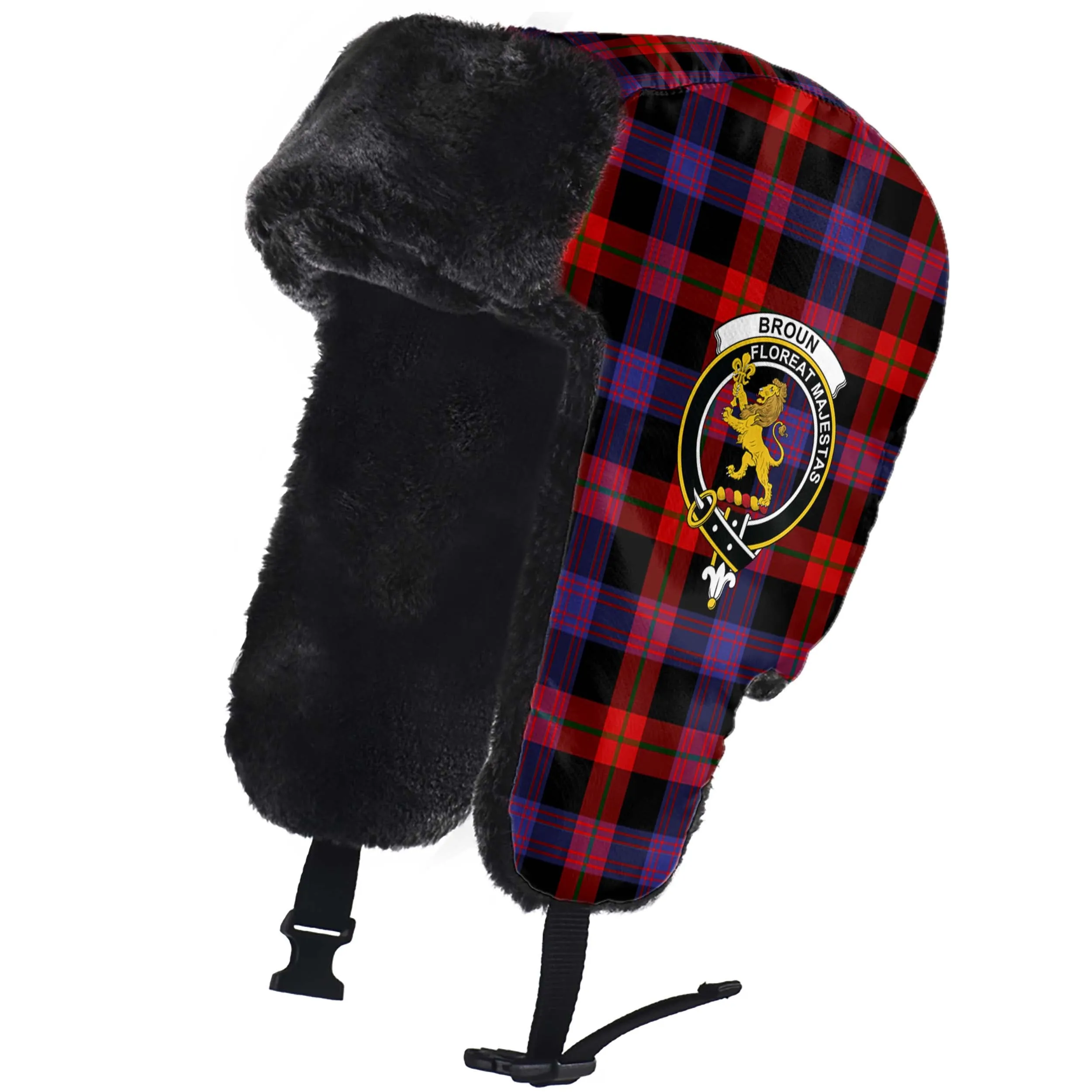Broun Modern Tartan Winter Trapper Hat with Family Crest