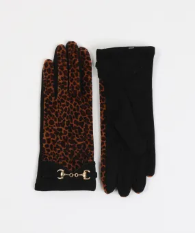 Brown Black Leopard Print Gloves with Snaffle Embellishment