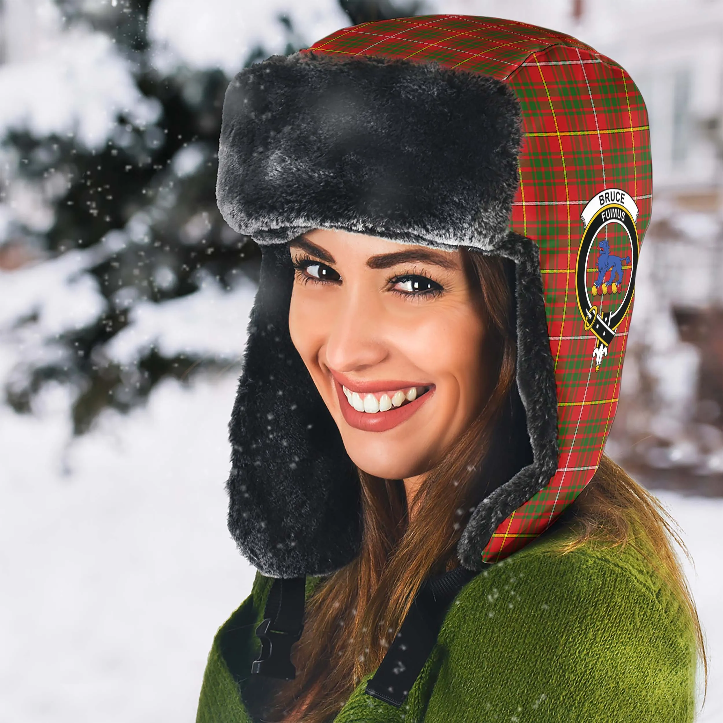Bruce Modern Tartan Winter Trapper Hat with Family Crest
