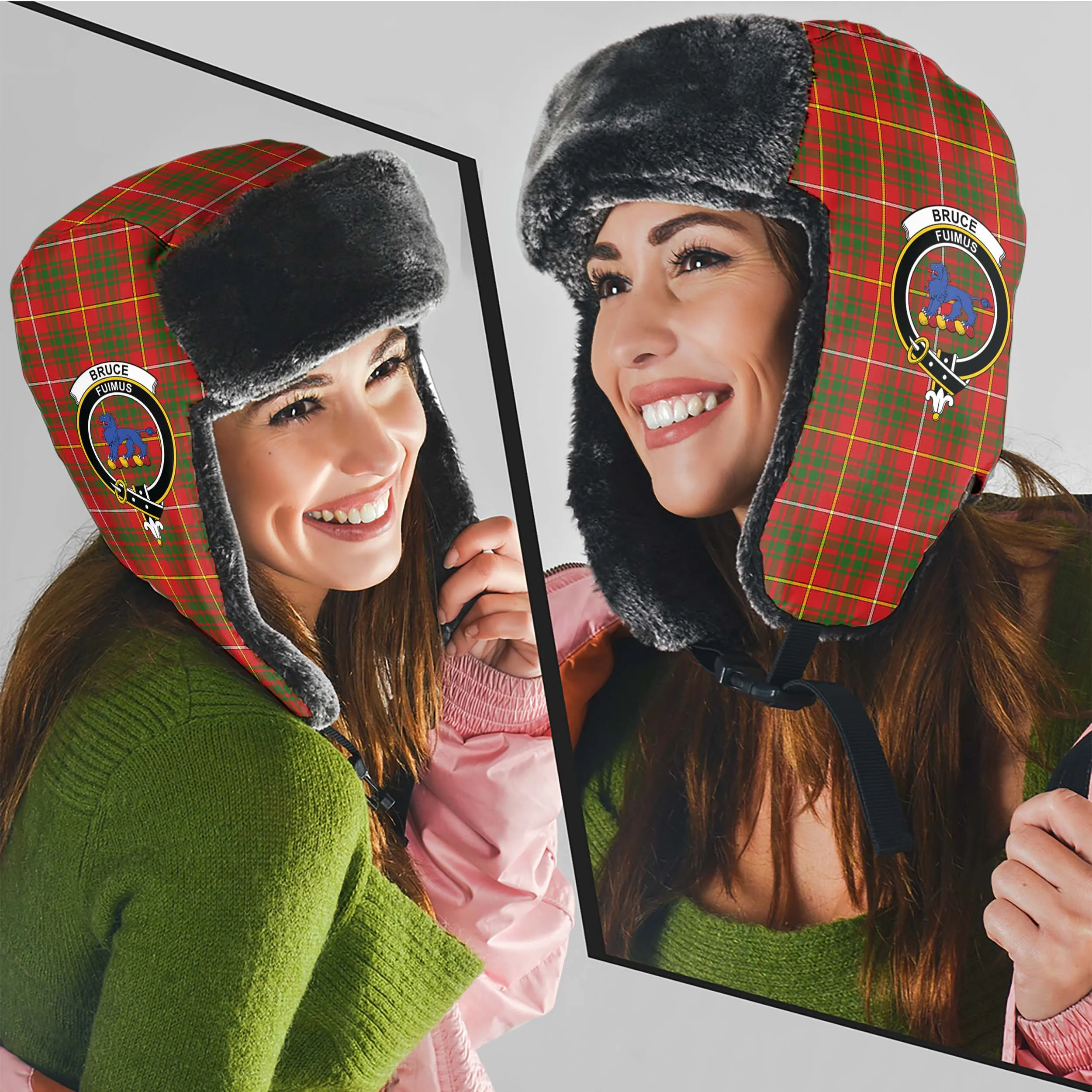 Bruce Modern Tartan Winter Trapper Hat with Family Crest