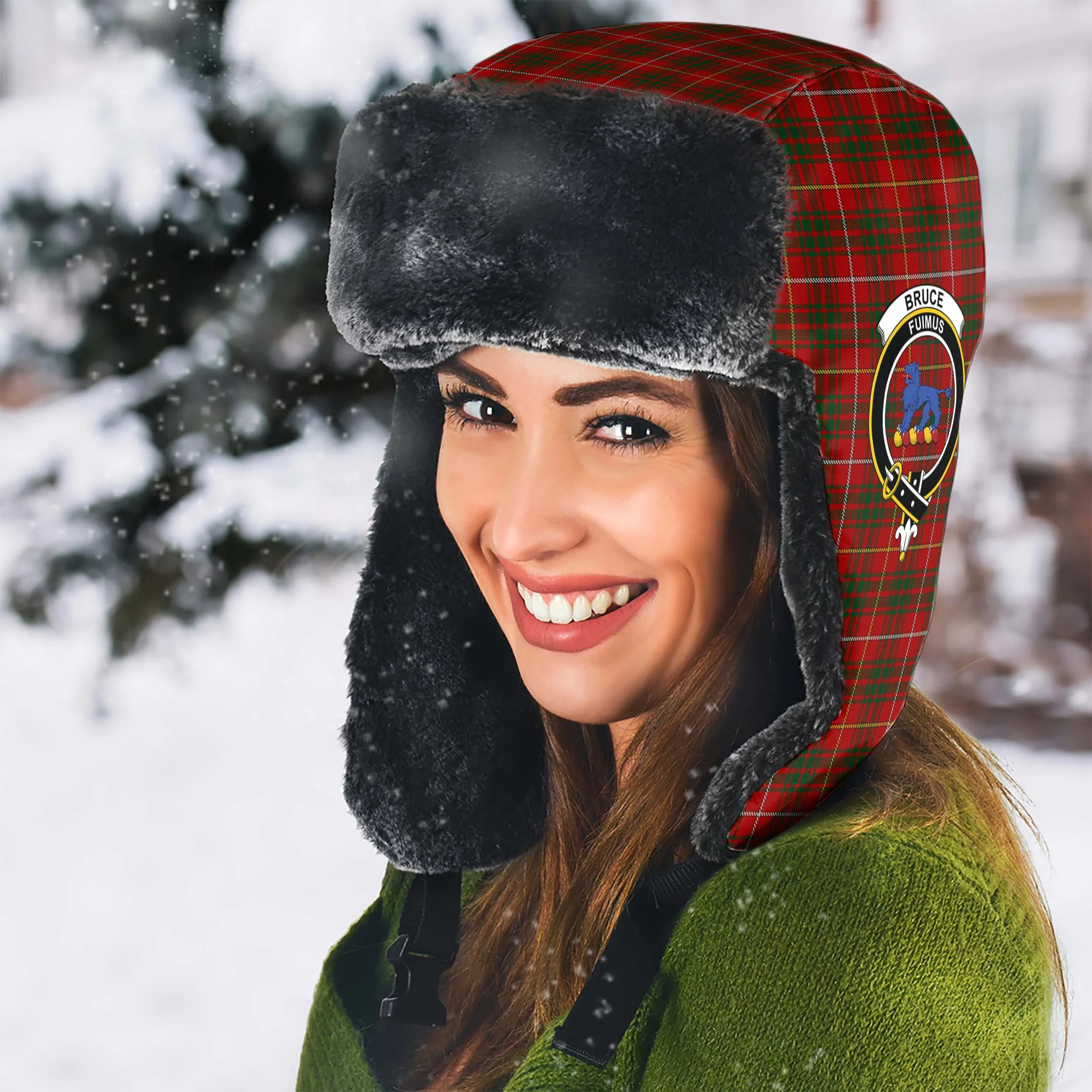 Bruce Tartan Winter Trapper Hat with Family Crest