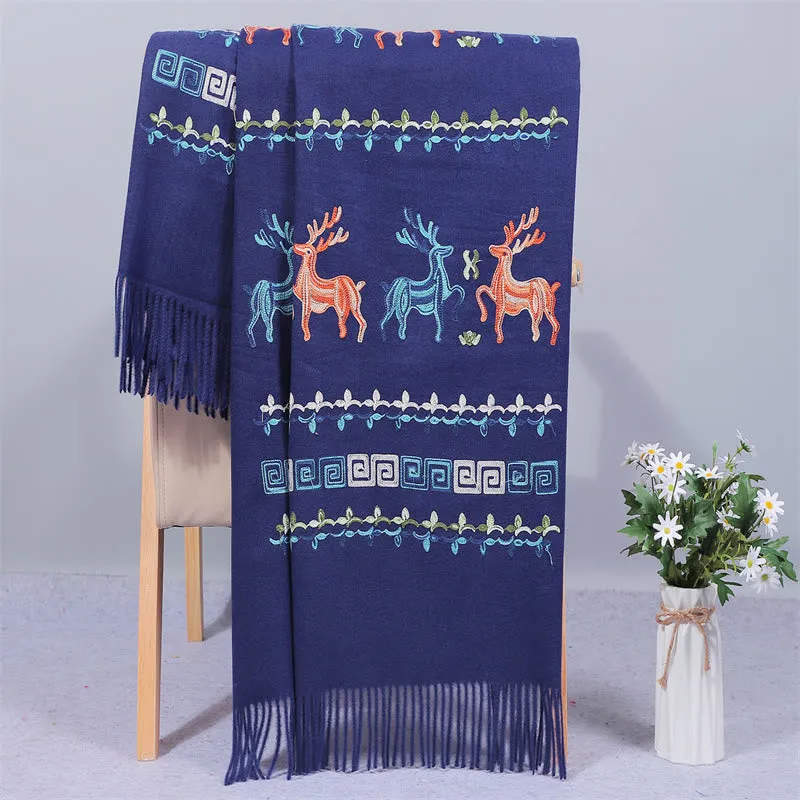 Buddha Stones Rayon Fabric Shawl Sika Deer Embroidery Tassel Winter Cozy Travel Scarf Wrap