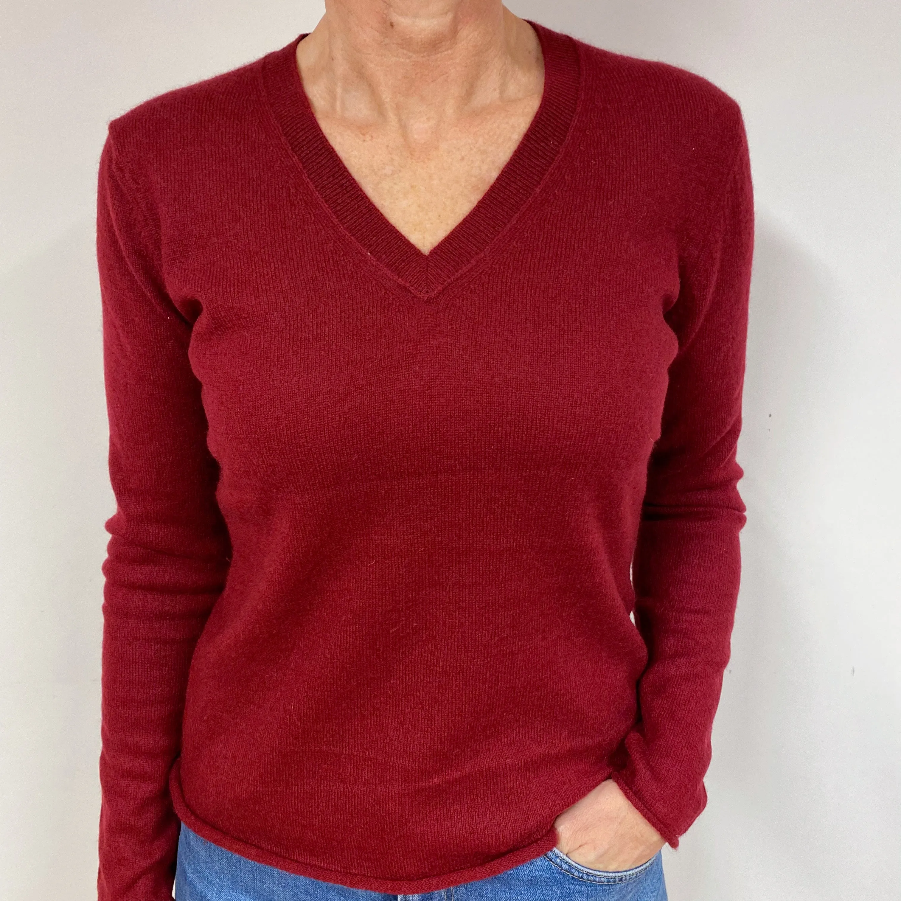 Burgundy Red Cashmere V-Neck Jumper Medium