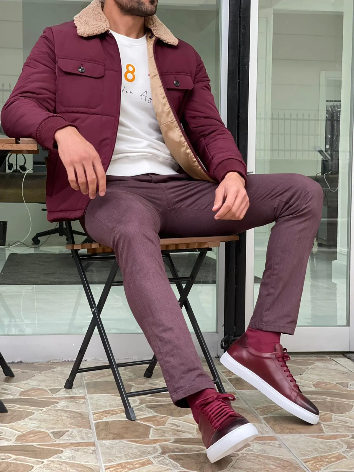 Cameron Slim Fit Claret Red Fur Winter Coat