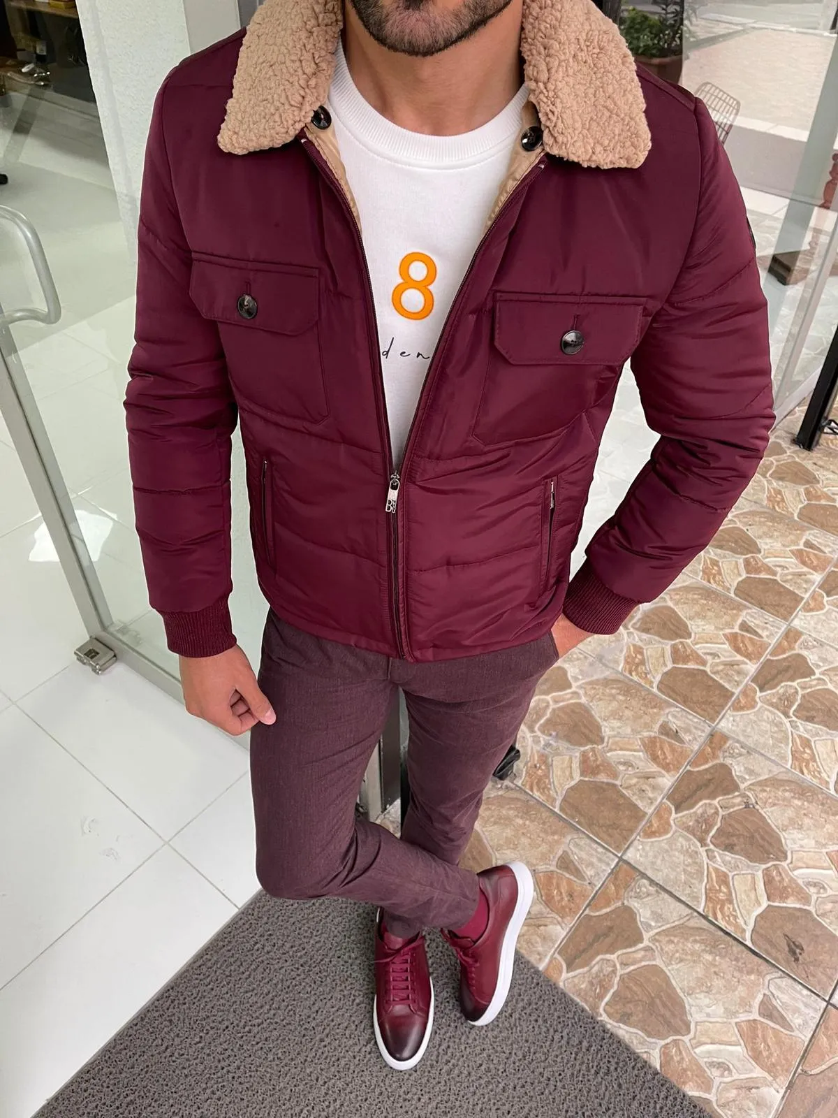 Cameron Slim Fit Claret Red Fur Winter Coat