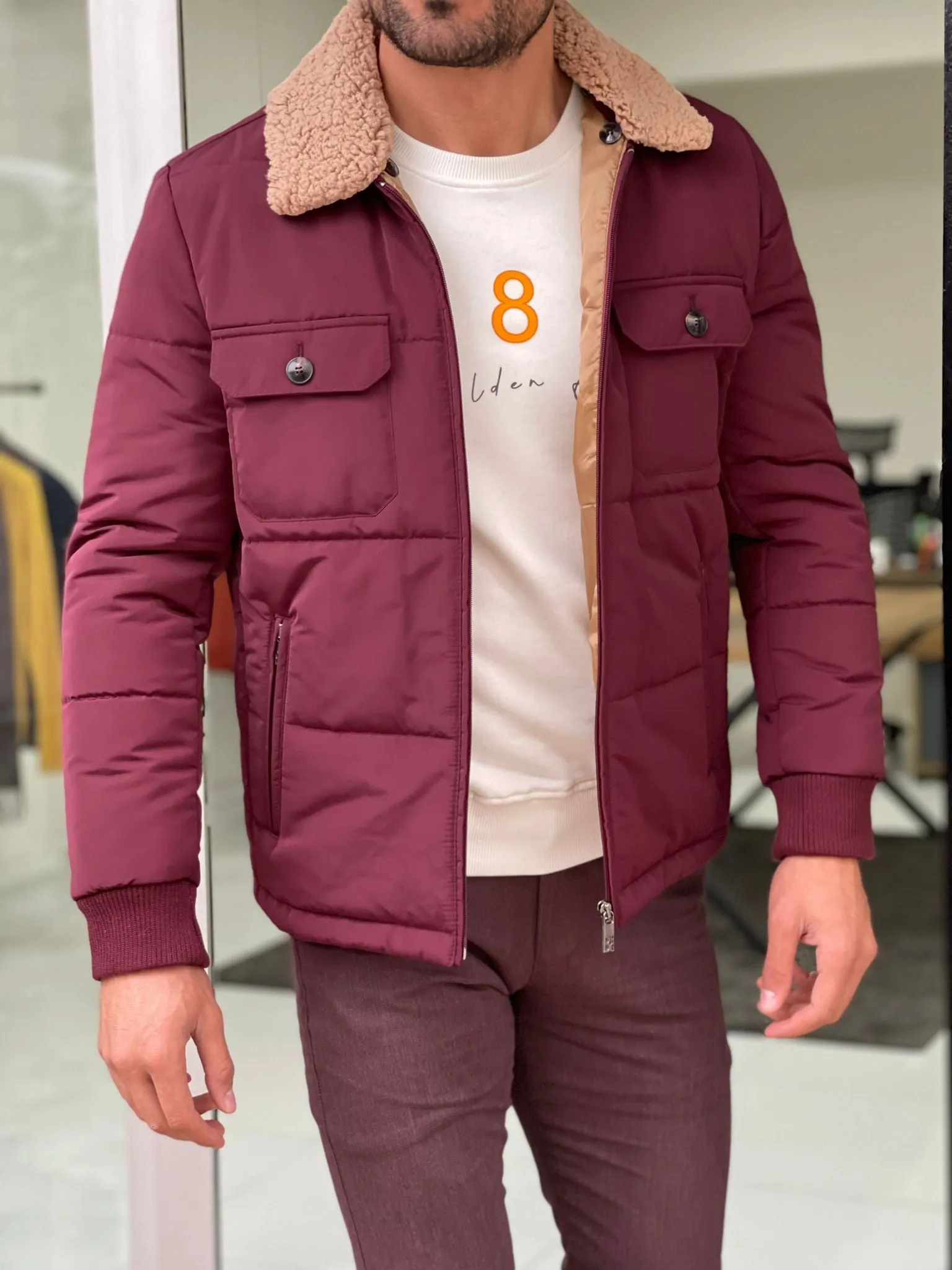 Cameron Slim Fit Claret Red Fur Winter Coat