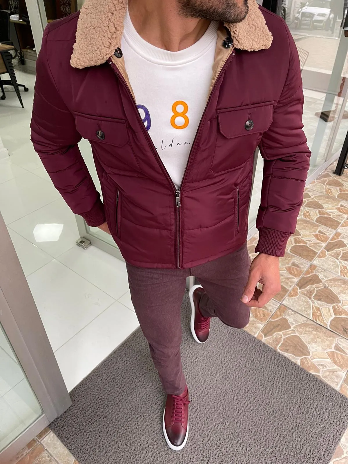 Cameron Slim Fit Claret Red Fur Winter Coat
