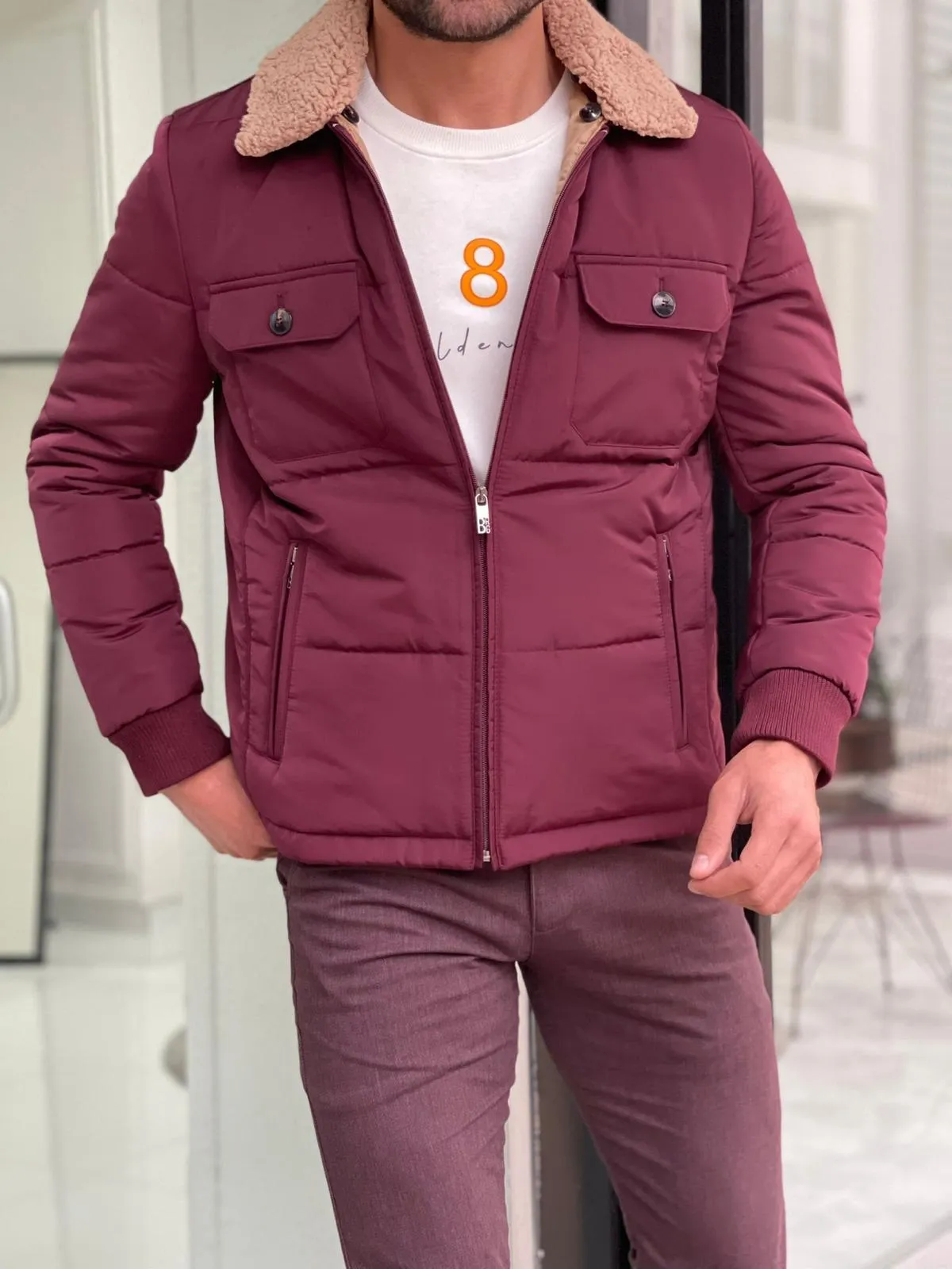 Cameron Slim Fit Claret Red Fur Winter Coat