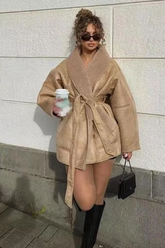 Cashmere Leather Fur Collar Composite Belt Coat