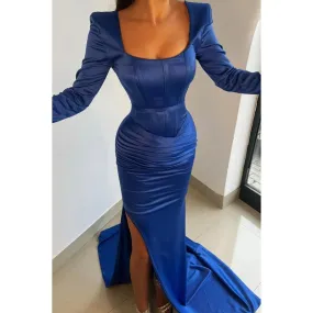 Chic Simple Square Long Sleeves Side Slit Sheath Party Prom Dress