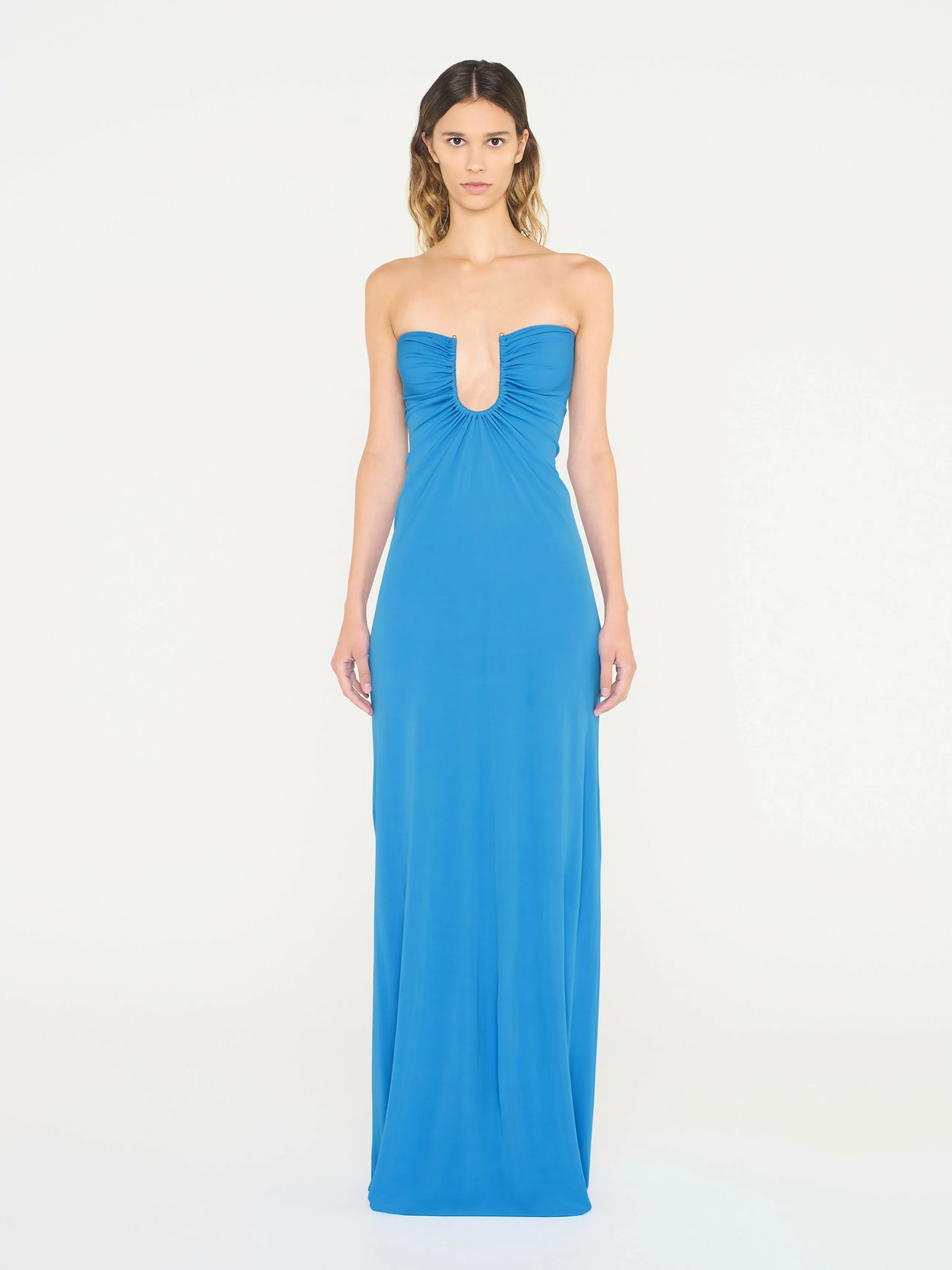 Christopher Esber Arced Palm Strapless Dress in Boston Blue Size 10
