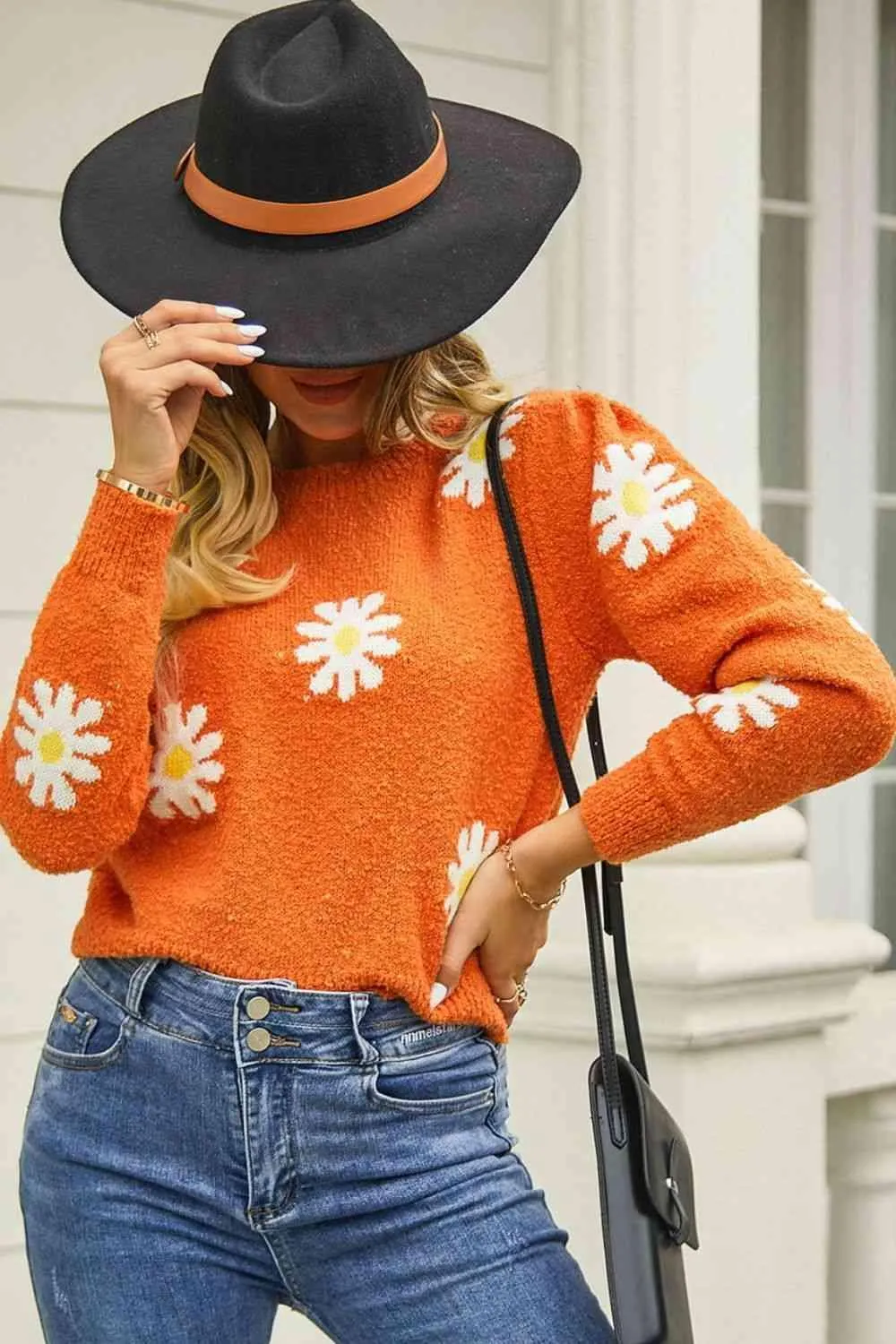 Cold Season Spirit Crew Neck Flower Sweater