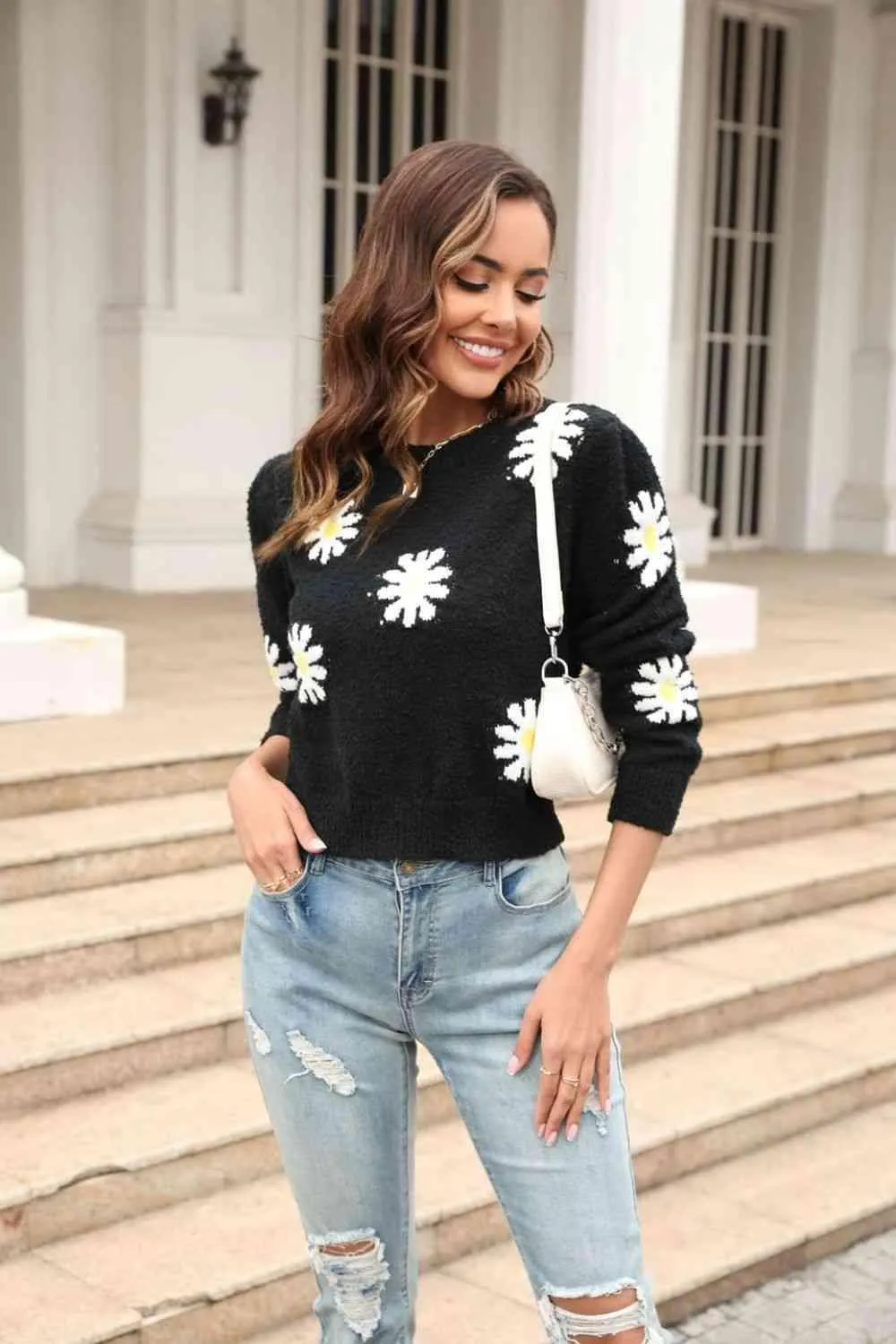 Cold Season Spirit Crew Neck Flower Sweater