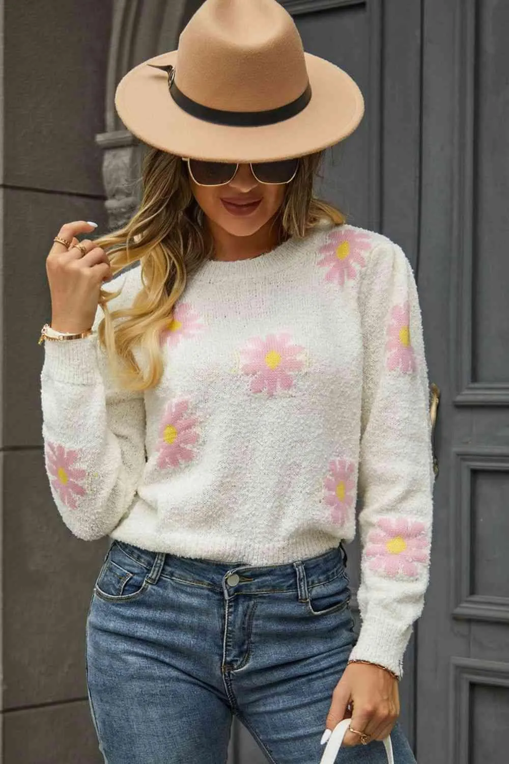 Cold Season Spirit Crew Neck Flower Sweater