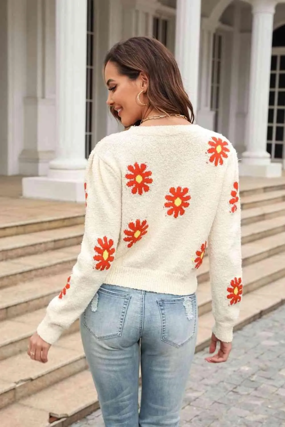 Cold Season Spirit Crew Neck Flower Sweater
