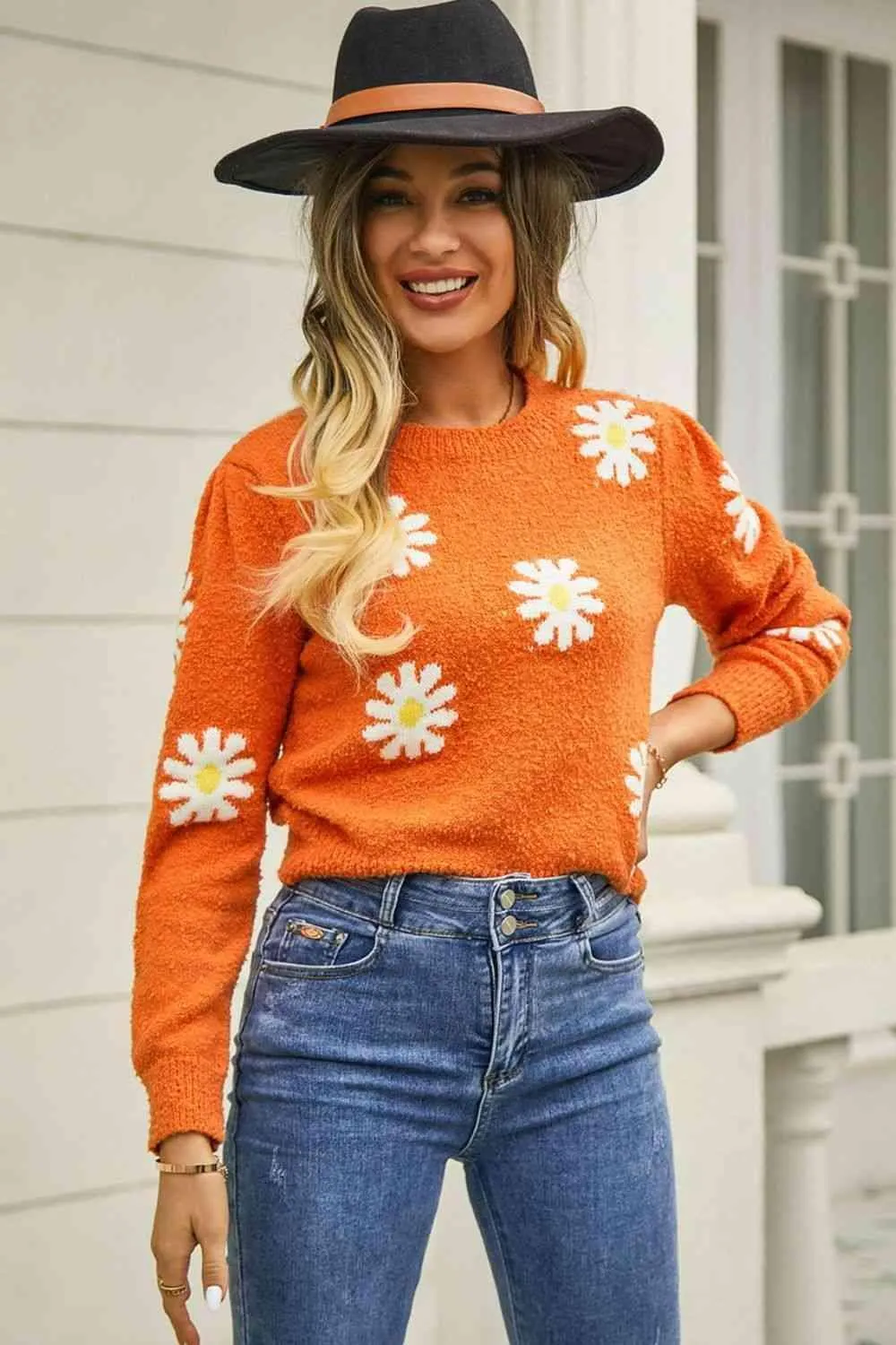 Cold Season Spirit Crew Neck Flower Sweater