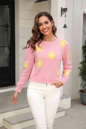 Cold Season Spirit Crew Neck Flower Sweater